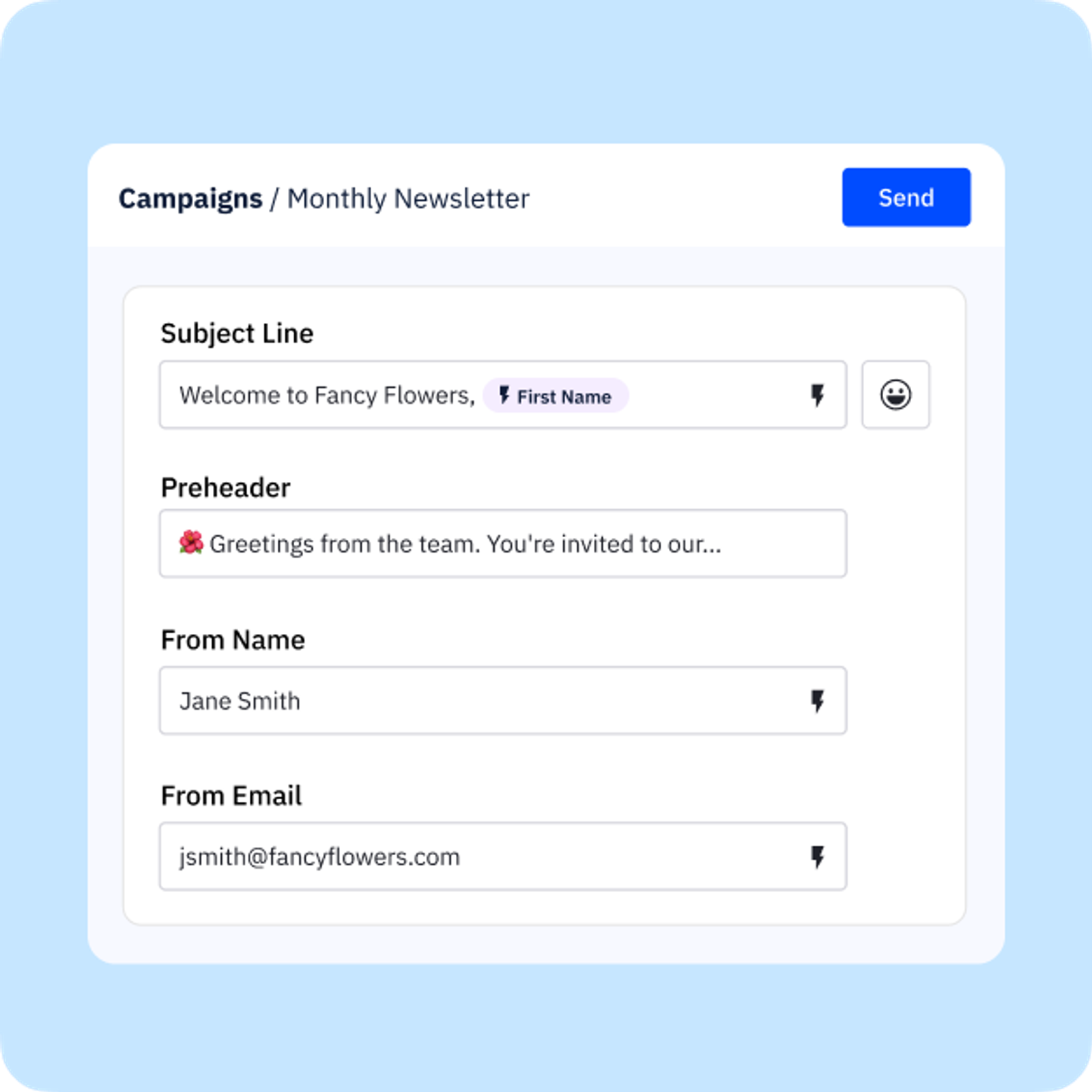 User interface displaying how a variable can be added to the subject line to further personalize messaging.