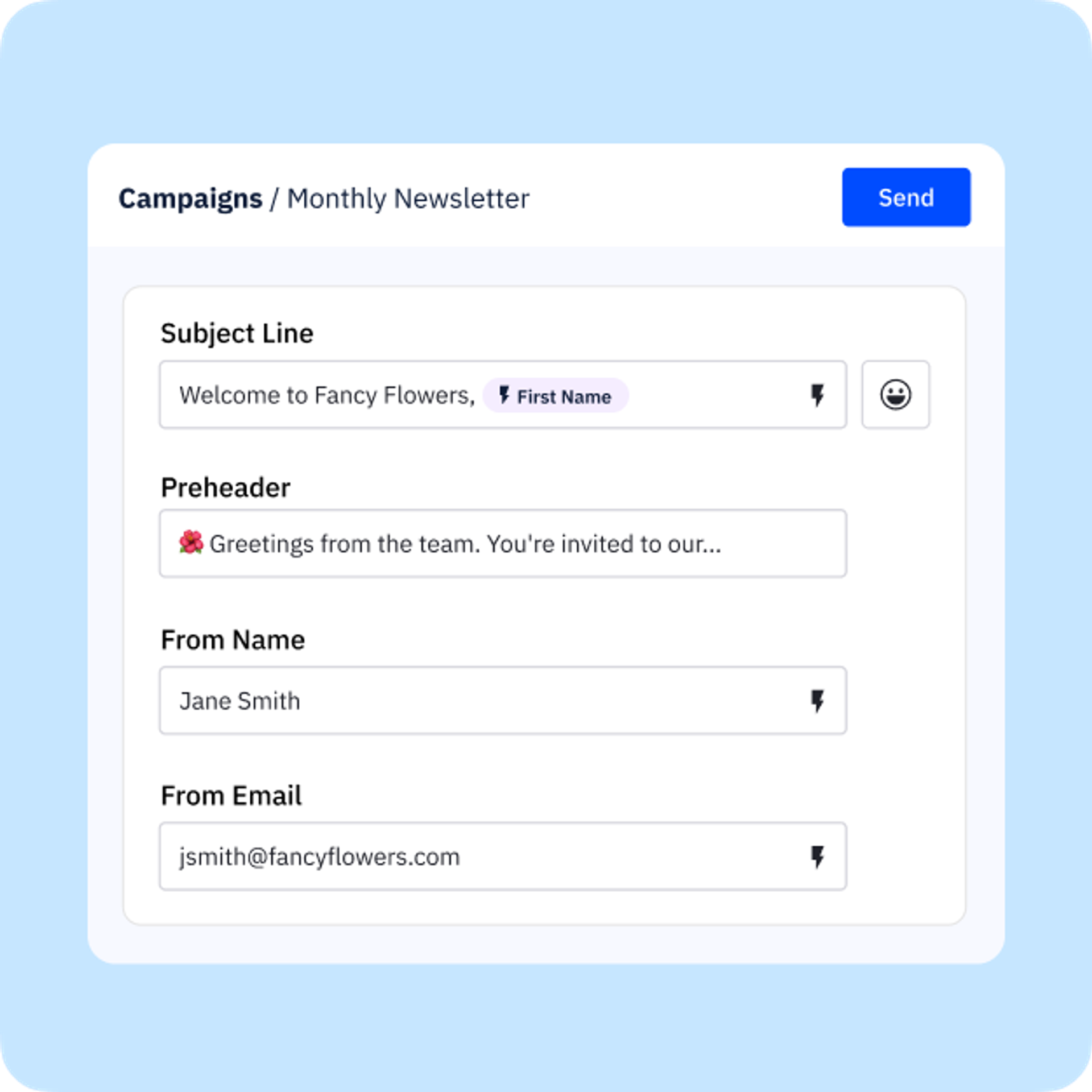 User interface displaying how a variable can be added to the subject line to further personalize messaging.