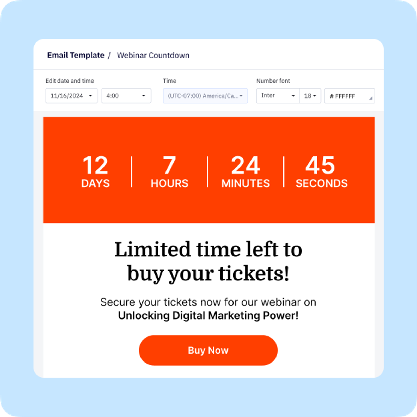 Example of a countdown timer added to an email. There are 12 days, 7 hours, 24 minutes, and 45 seconds left on the timer.
