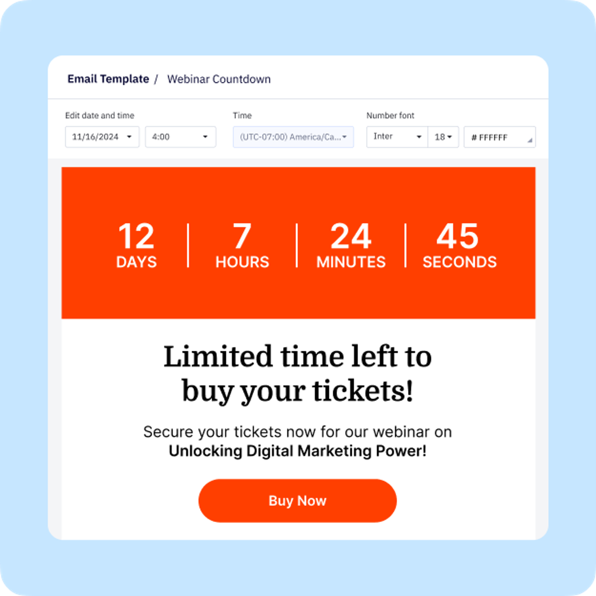 Example of a countdown timer added to an email. There are 12 days, 7 hours, 24 minutes, and 45 seconds left on the timer.