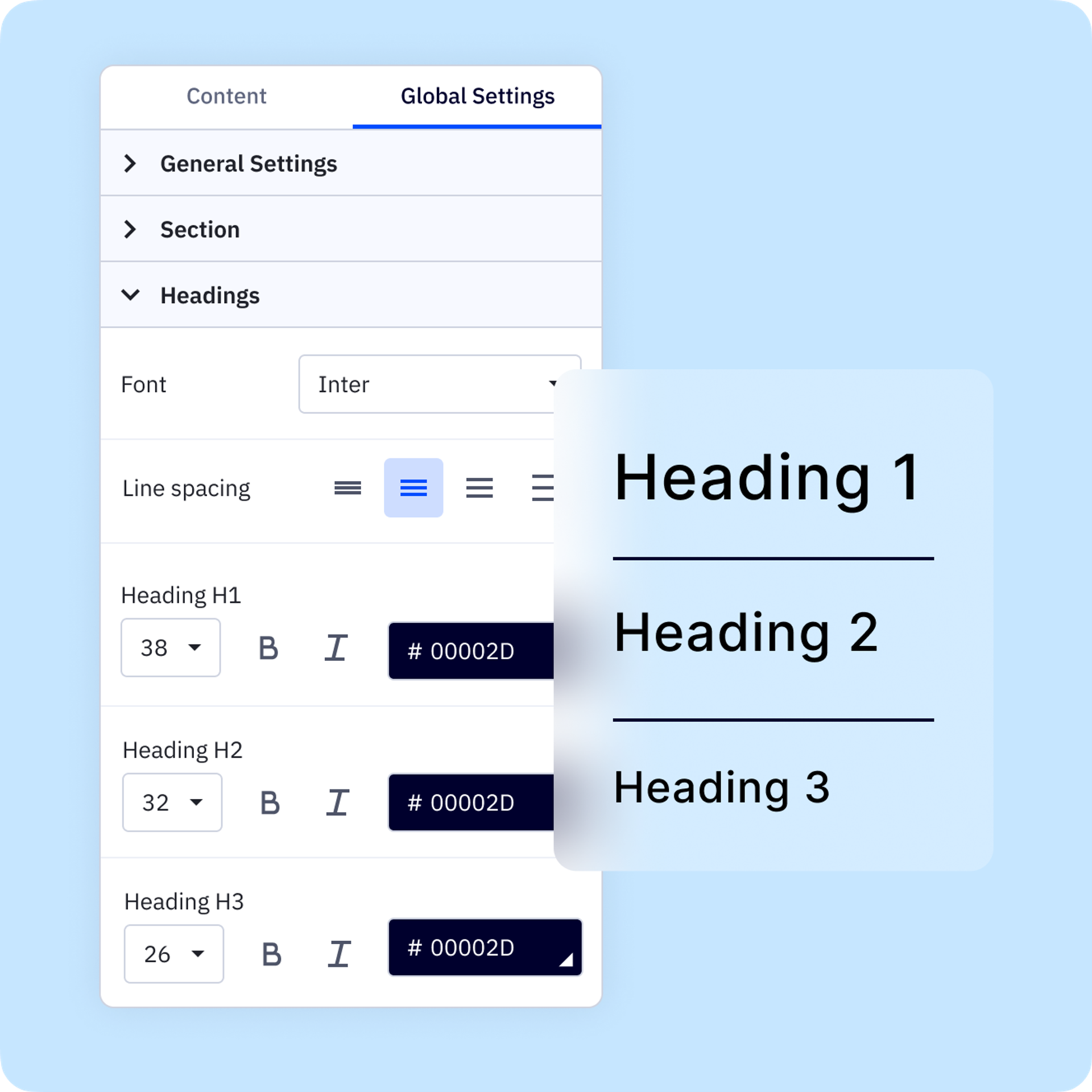 Display of selecting Heading tags in the Email Designer UI.