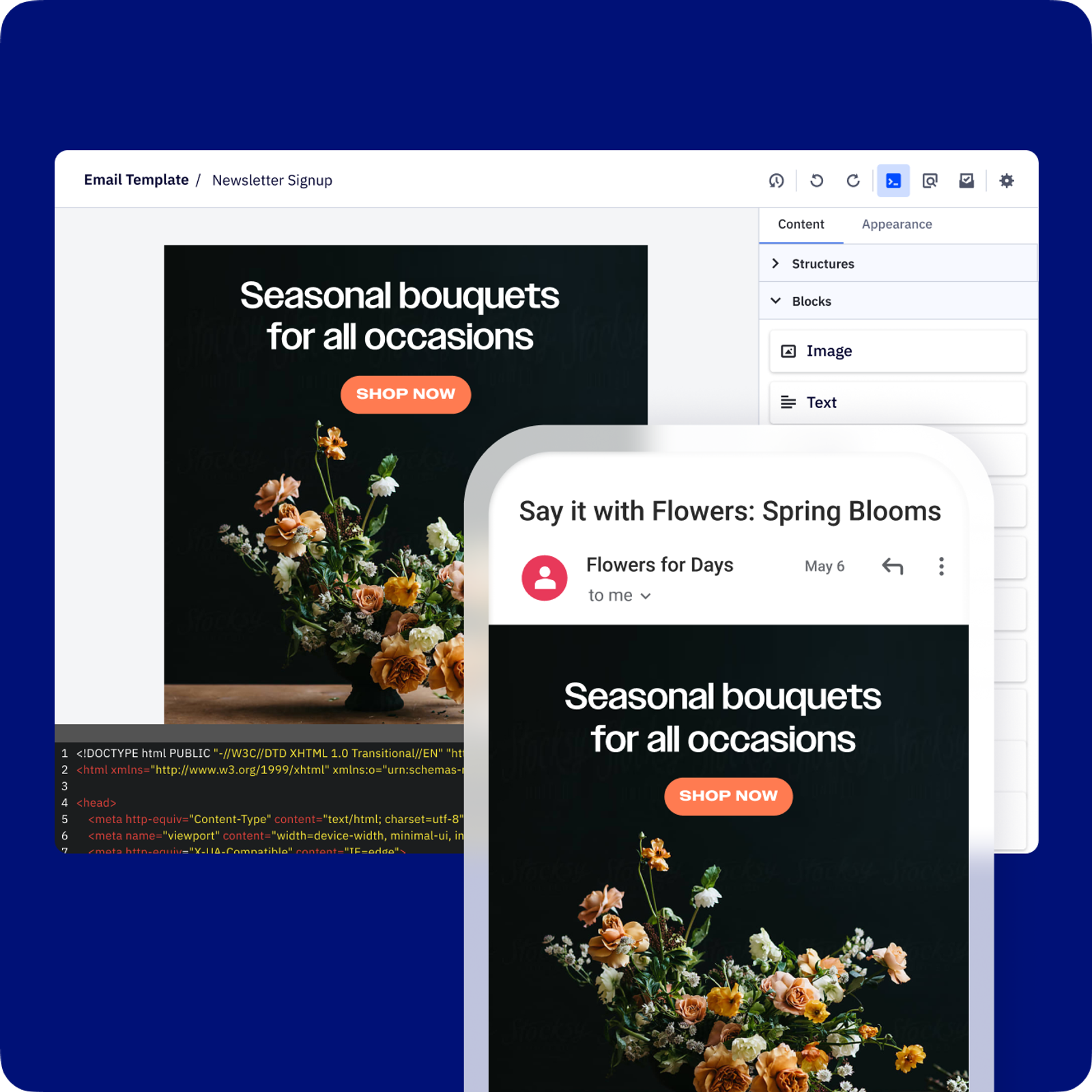 An example of the email designer interface on the desktop with an image of the email being displayed on the screen of a phone.