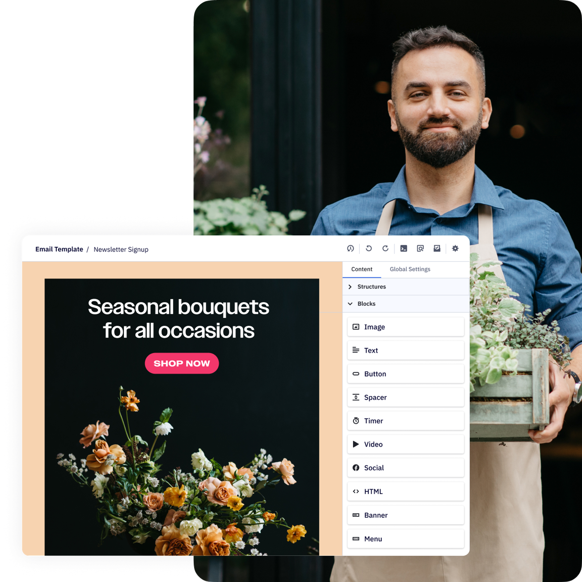 Screenshot of the ActiveCampaign Email Designer interface. Behind it is a picture of a male-presenting florist holding a wooden crate of lush plants.