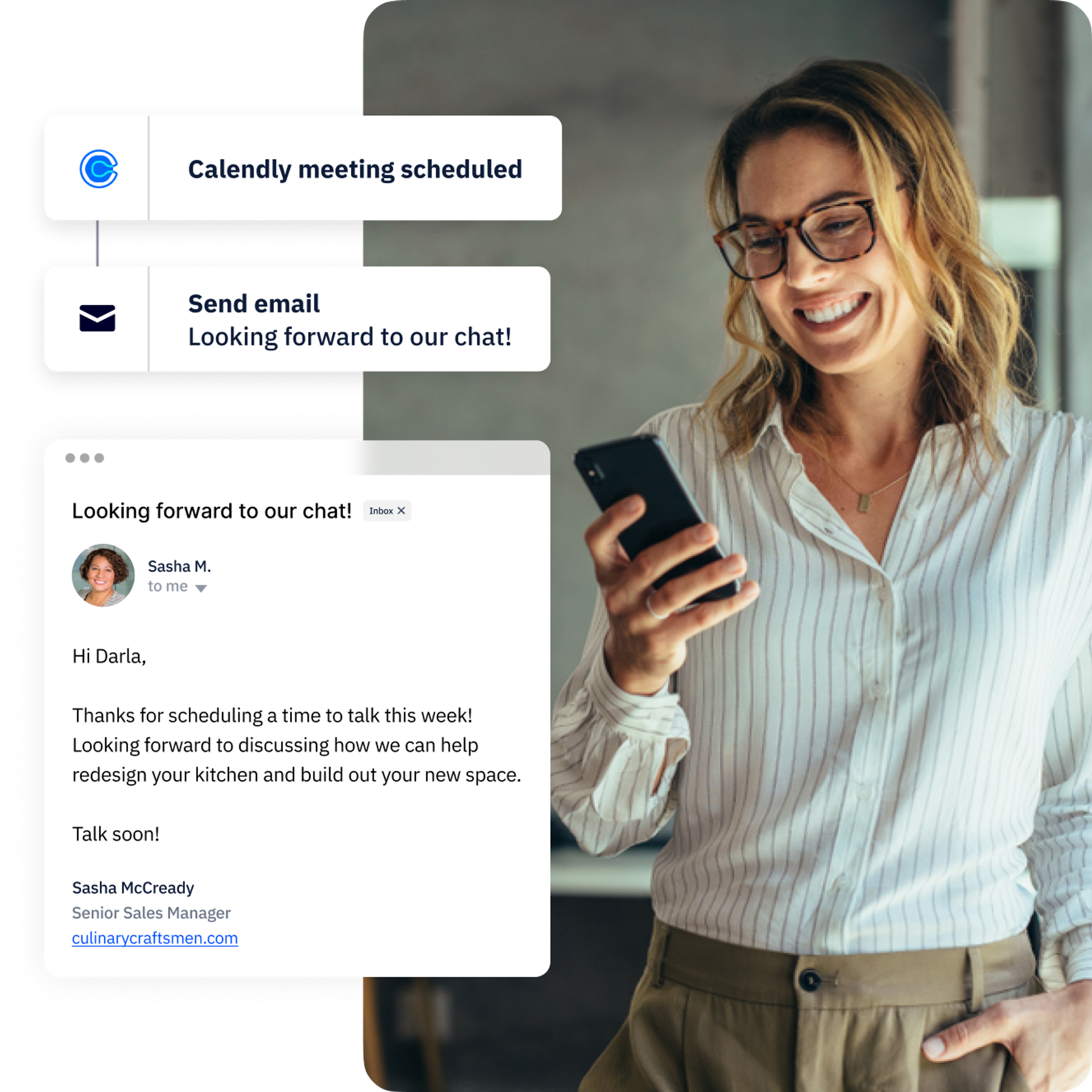 A female-presenting person looking at her phone, overlaid with a 1:1 email sent following a Calendly booking.
