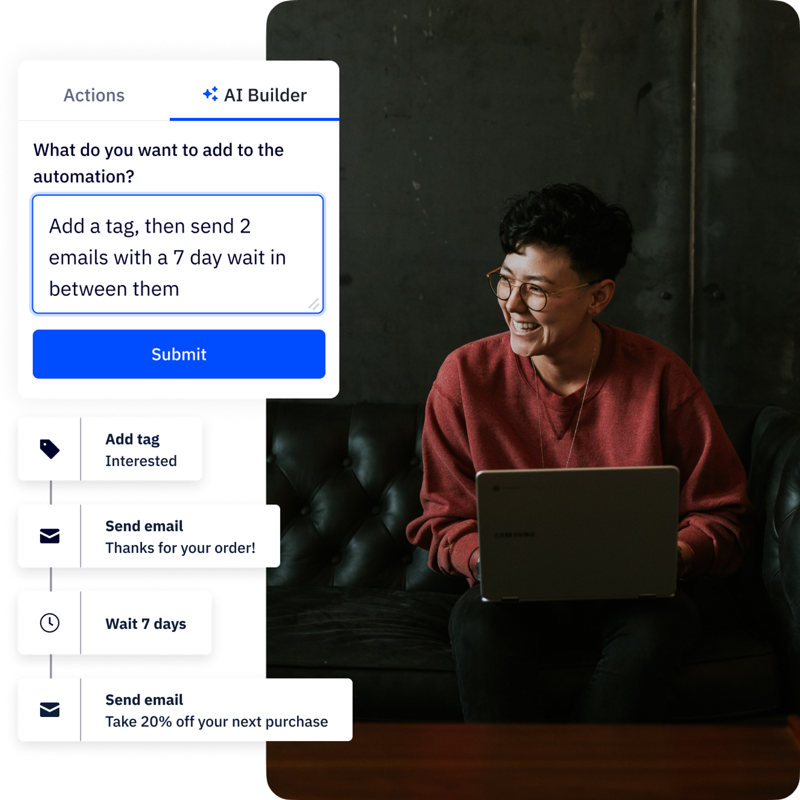 A worker in a modern office looking at a laptop, using ActiveCampaign's AI tools to automatically build an automation.