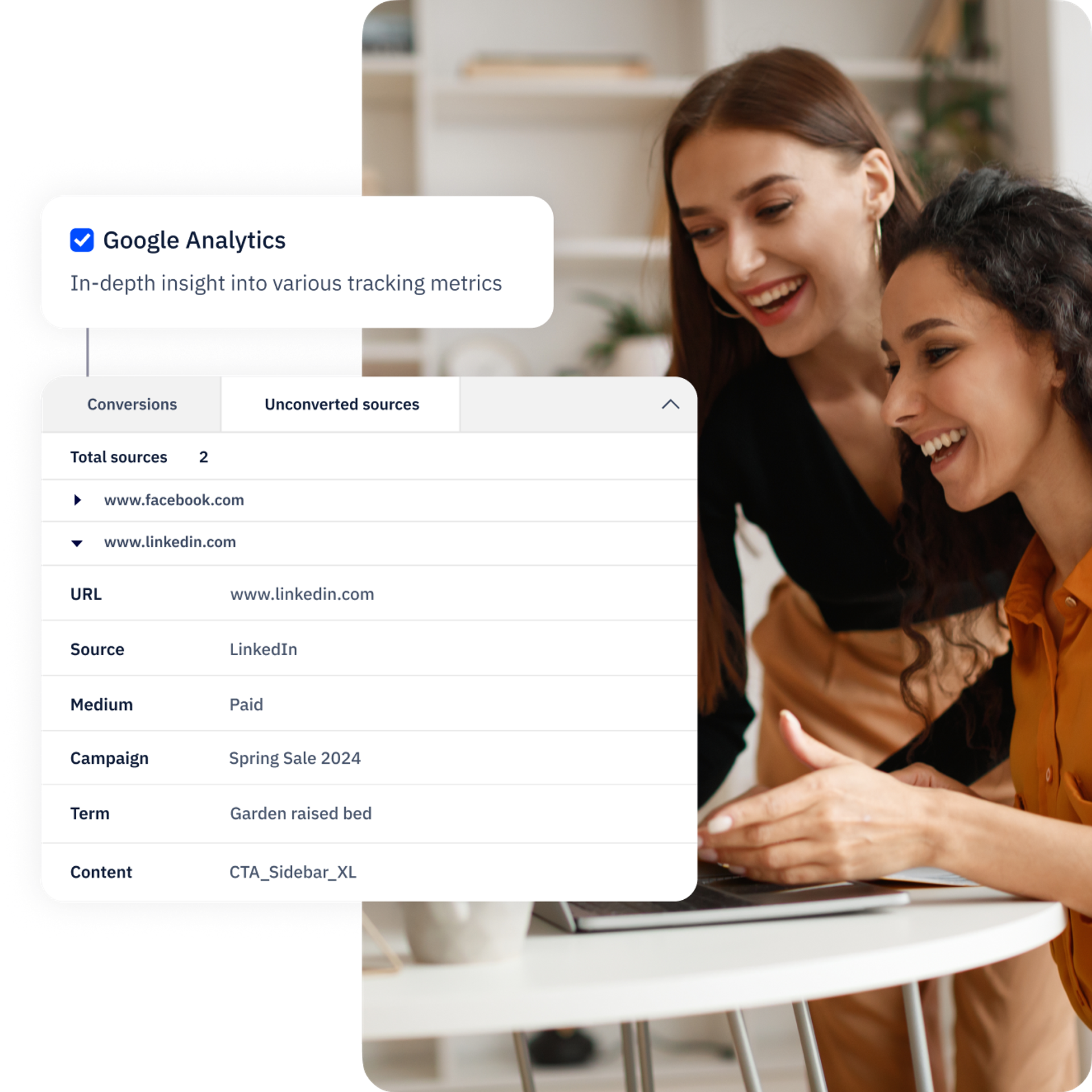 Two female-presenting office workers looking at a laptop. Superimposed above them is attribution data from a marketing automation campaign.