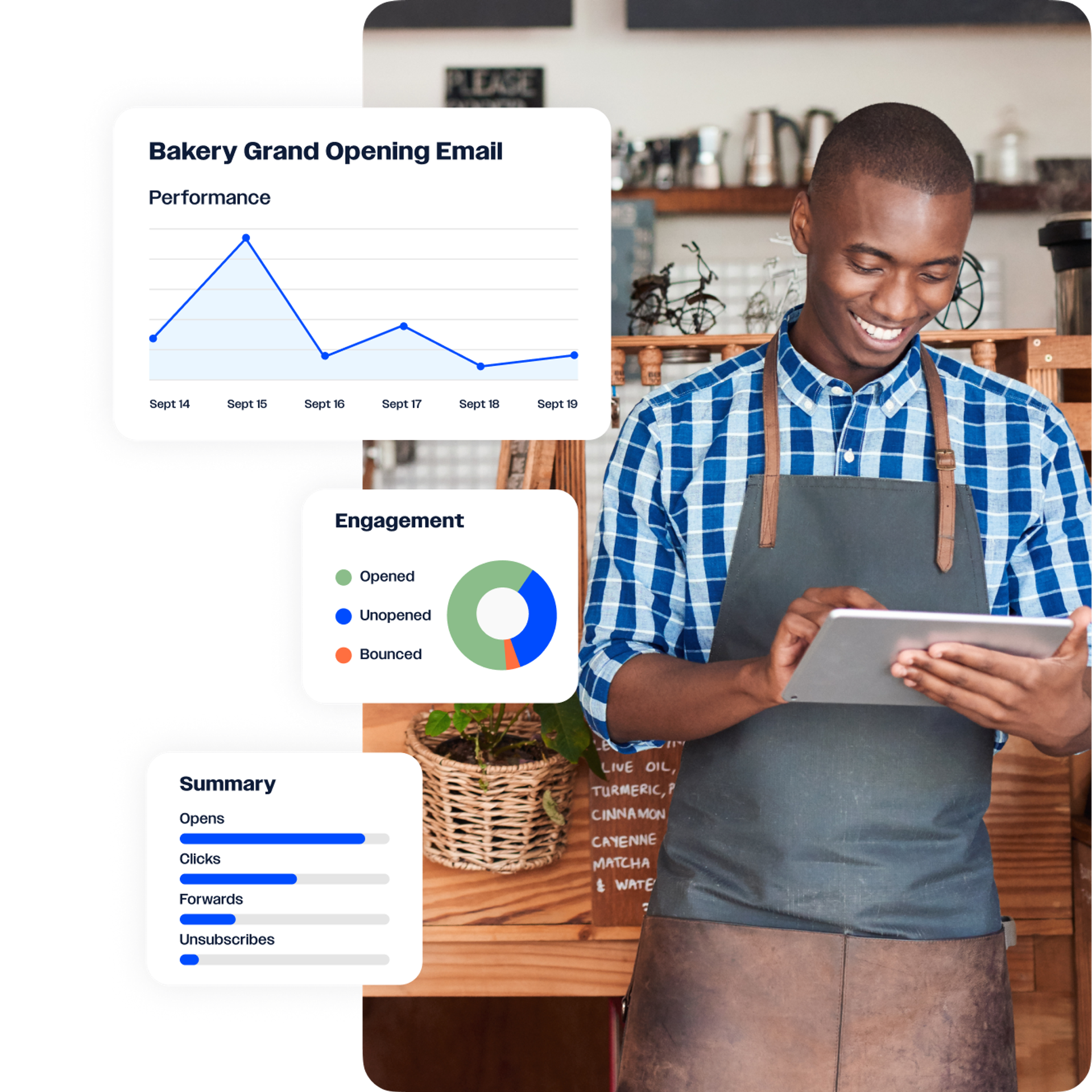 A smiling coffee shop owner checking email reports and engagement stats on an iPad.