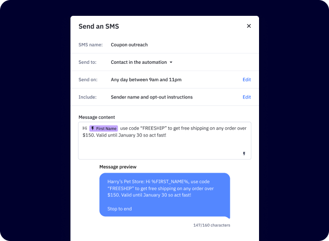 screenshot of an SMS automation action in activecampaign