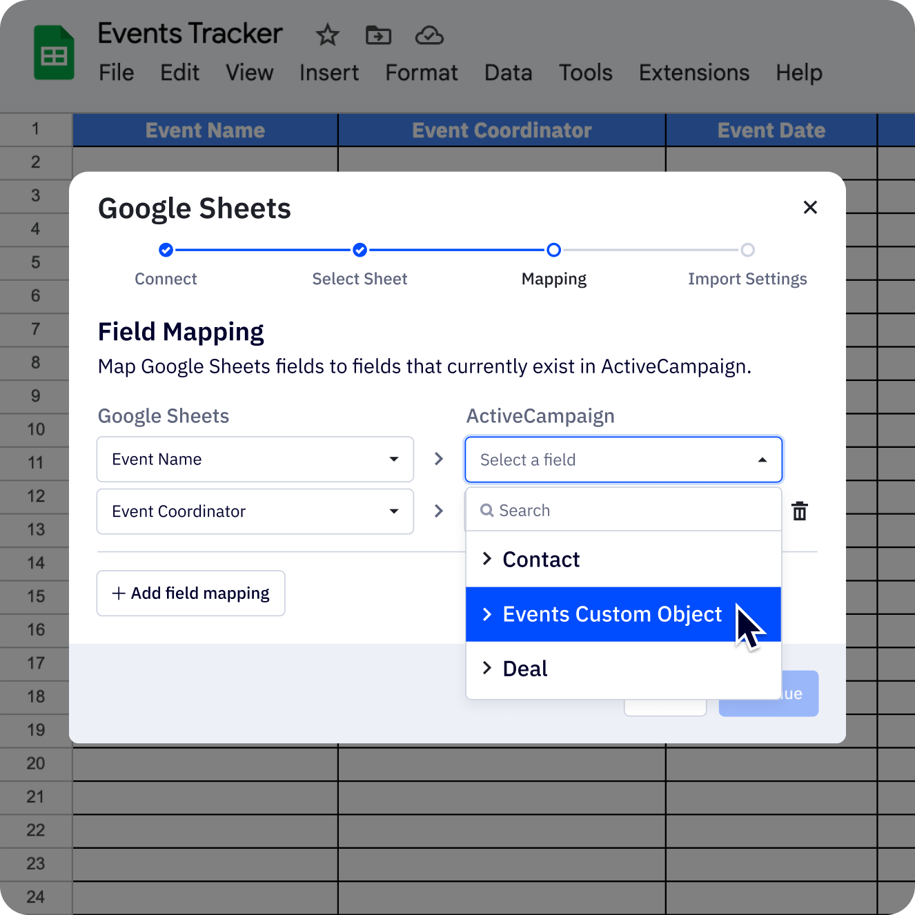 Field mapping example using the Google Sheets integration.