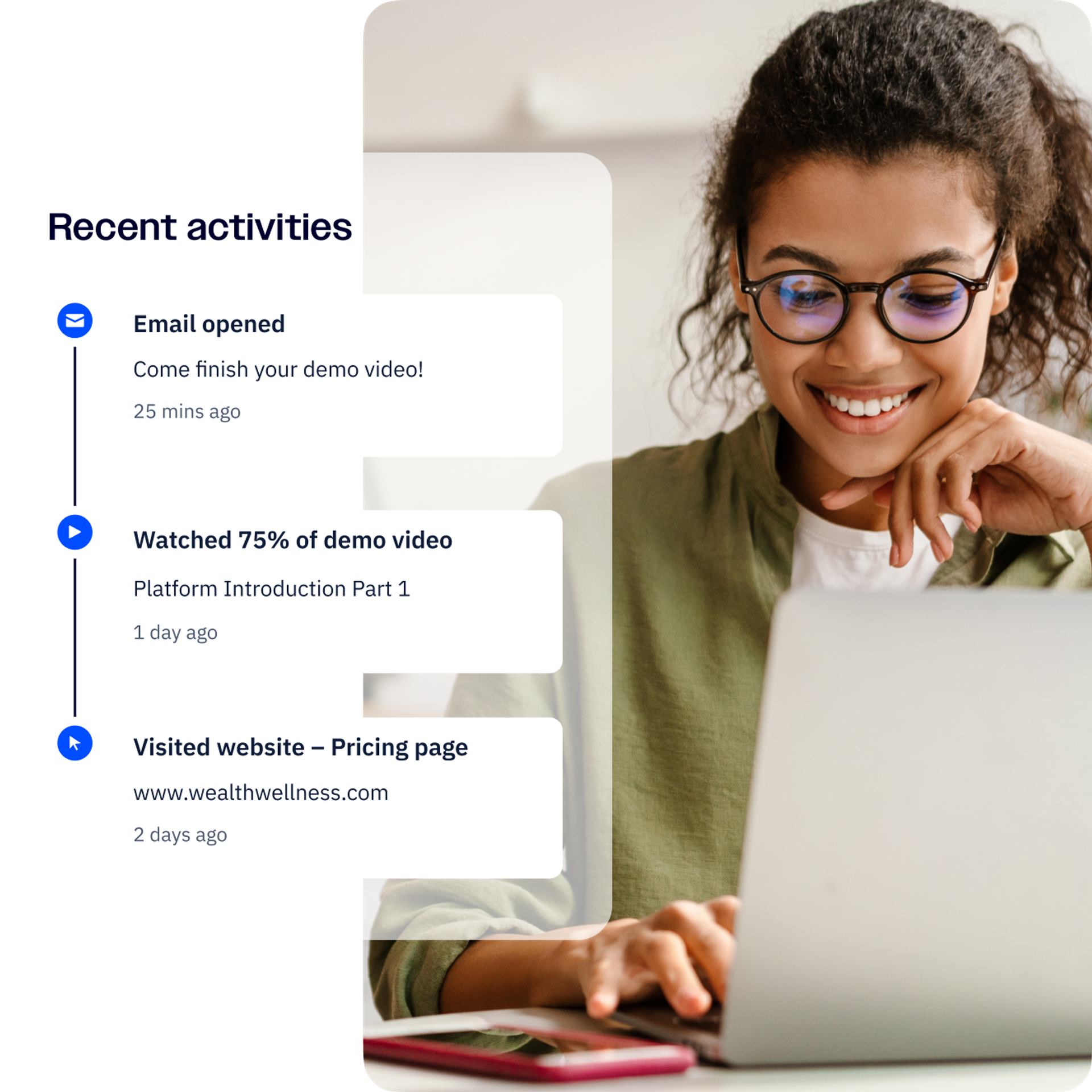 A smiling female-presenting office worker looking at a laptop, with site tracking data superimposed.