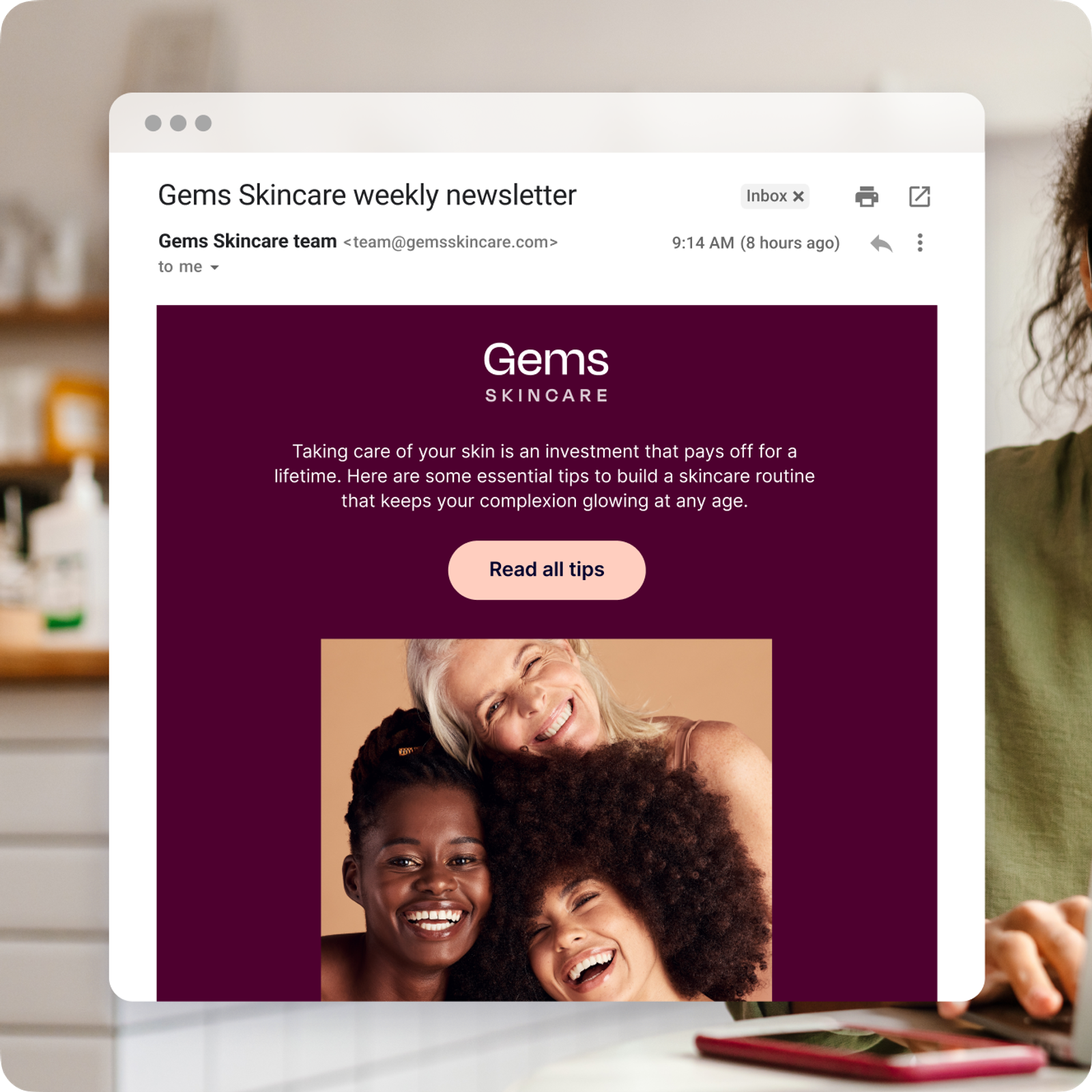 Mock-up of sample email displaying a CTA button with text that can be personalized to the recipient.