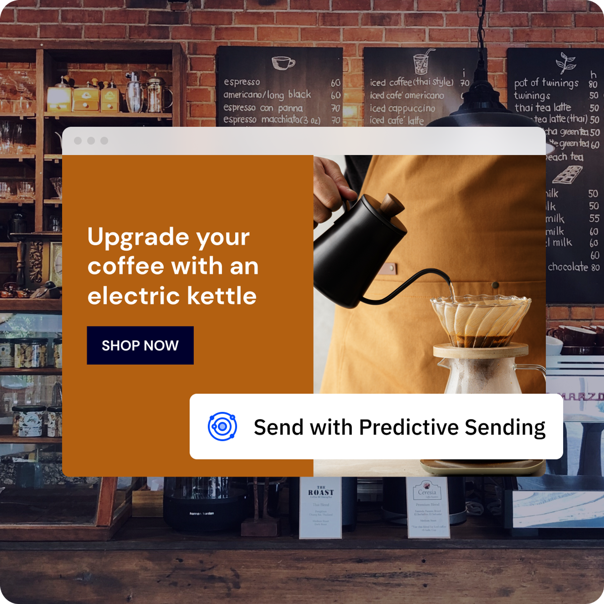 An email overlaid with a ‘Send with Predictive Sending’ option.