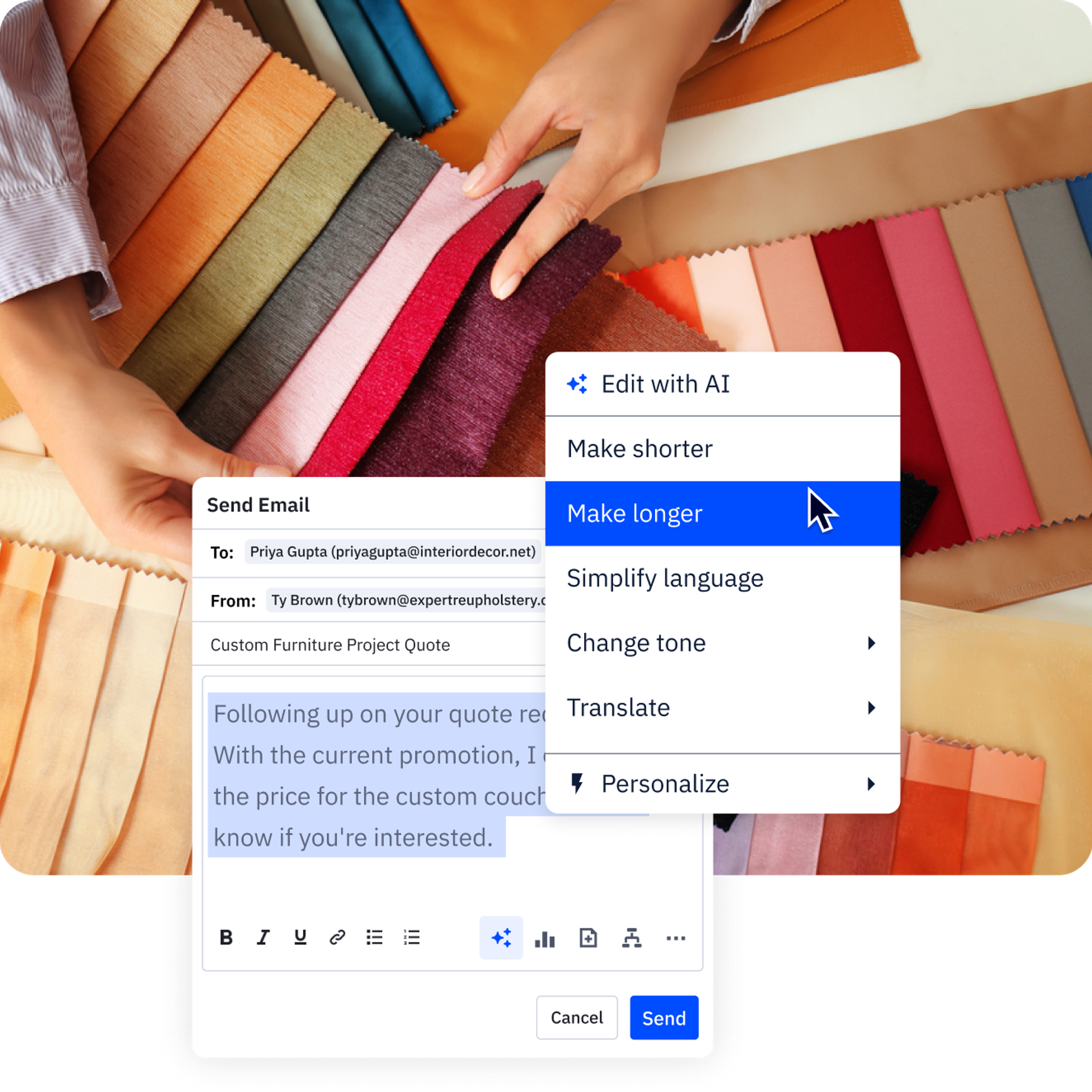 Example of user employing ActiveCampaign Generative AI to write an email. The user is hovering over the "Make longer" menu option.