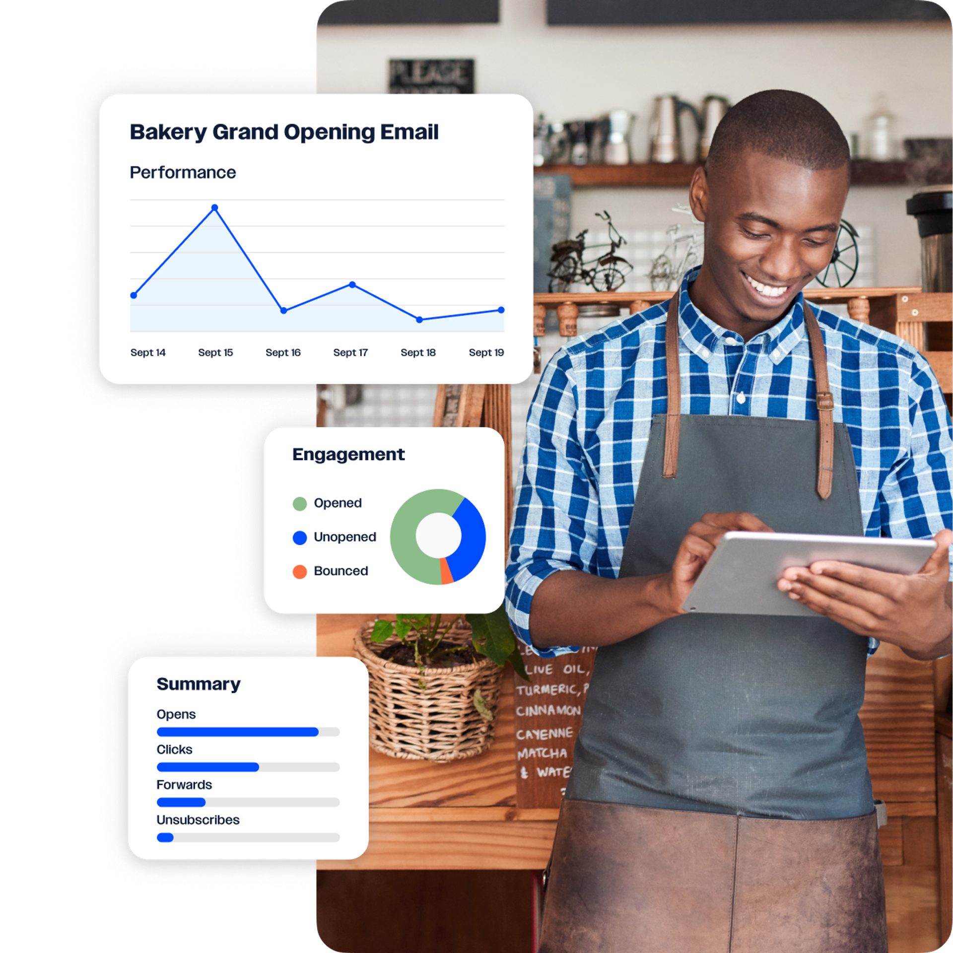 A male-presenting coffee shop owner checking performance metrics on an iPad, showing the results of their latest campaign.