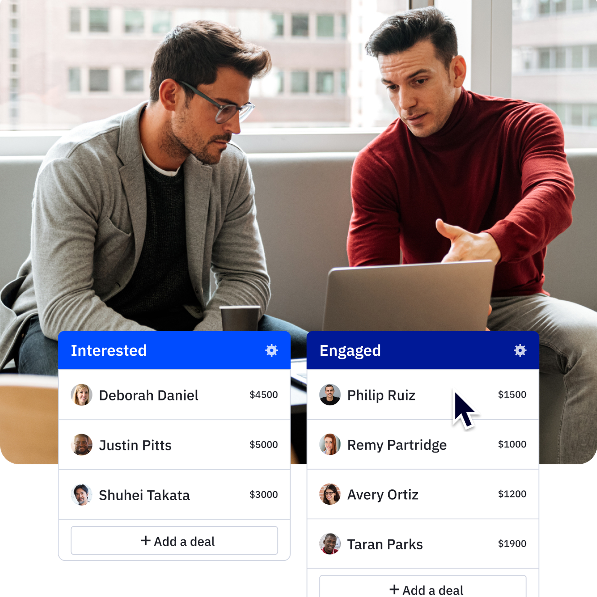 Two salespeople looking at a laptop, while the screen shows them moving a contact from the 'Interested' column to the 'Engaged' column in the ActiveCampaign CRM.