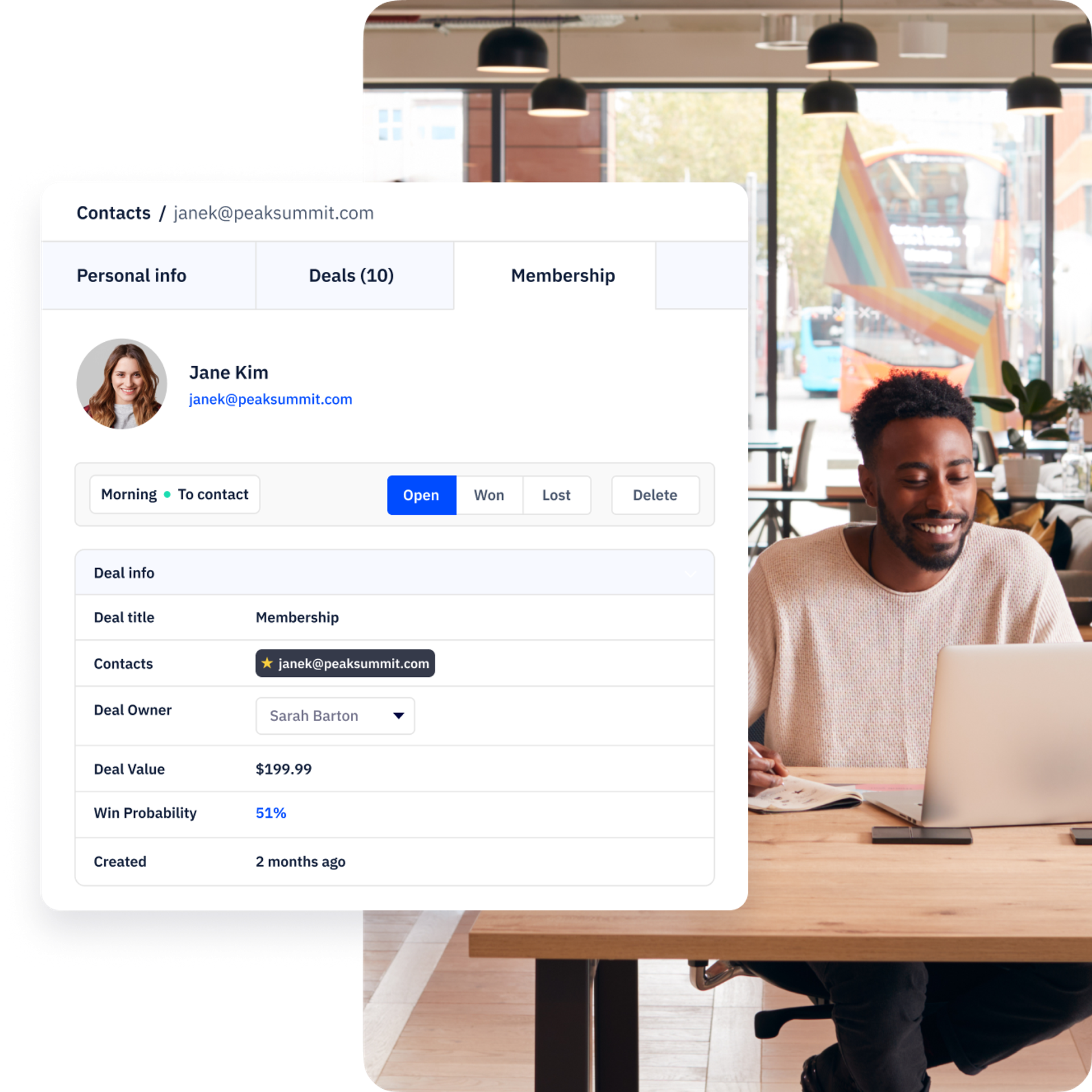 A male presenting person in a bright, open plan office. Superimposed above them is the ActiveCampaign win probability interface, showing a 51% likelihood of a deal going through.
