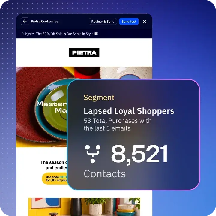 Pietra Cookwares email with a Lapsed Loyal Shoppers segment of 8,521 contacts