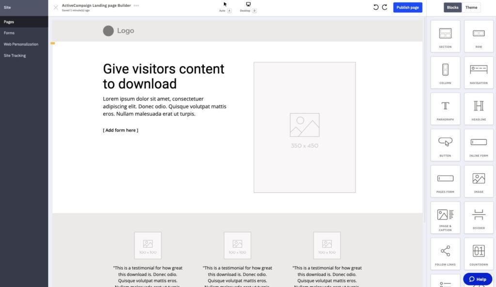 ActiveCampaign's landing page builder