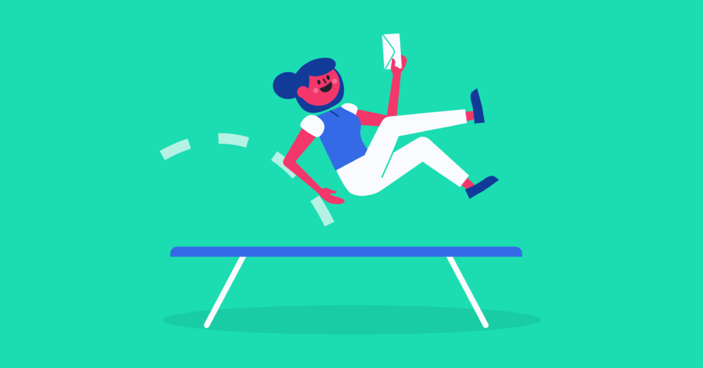 email bounce illustration of a person on a trampoline with a postcard