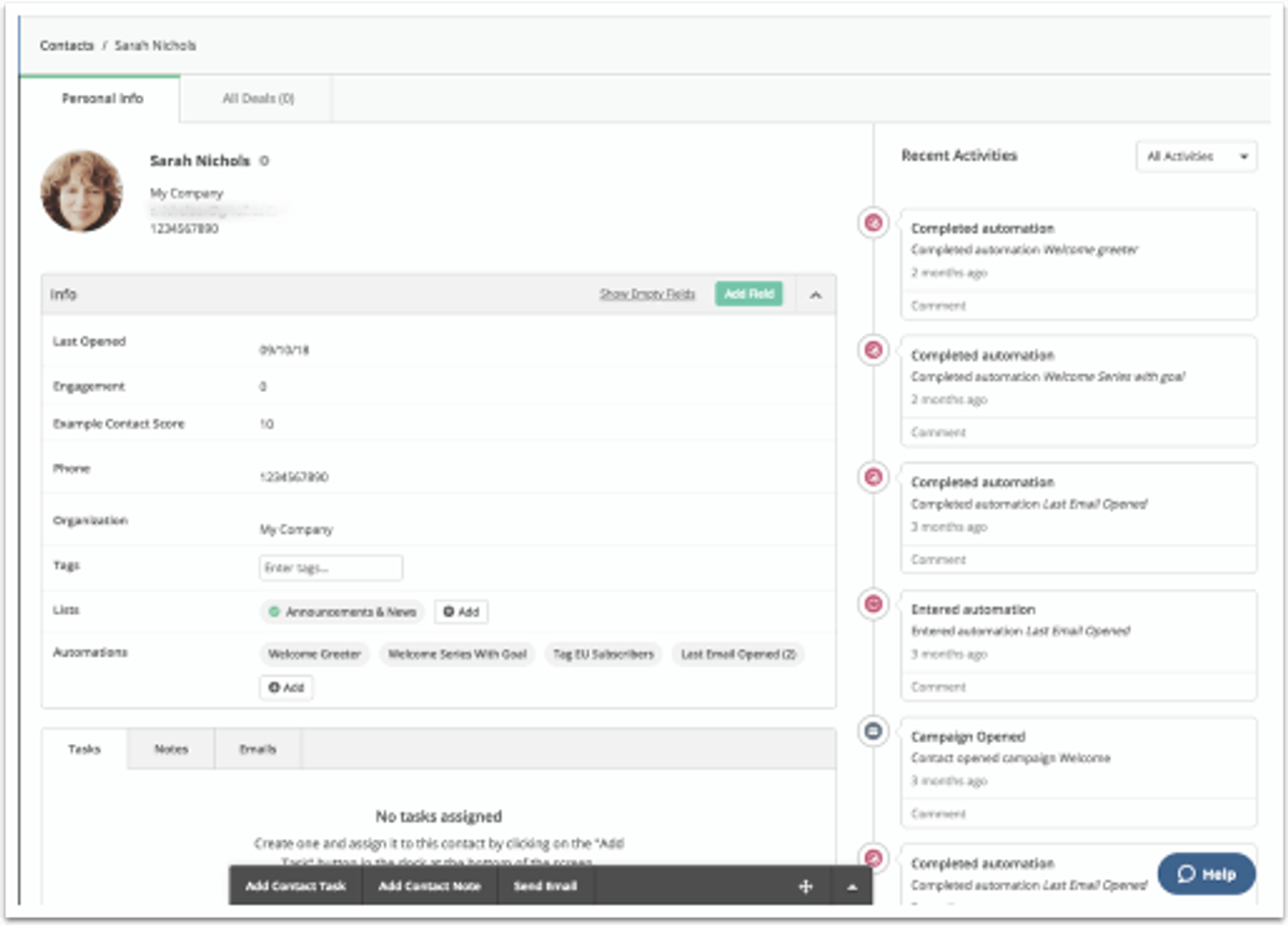 Screenshot of a contact profile in ActiveCampaign's sales CRM