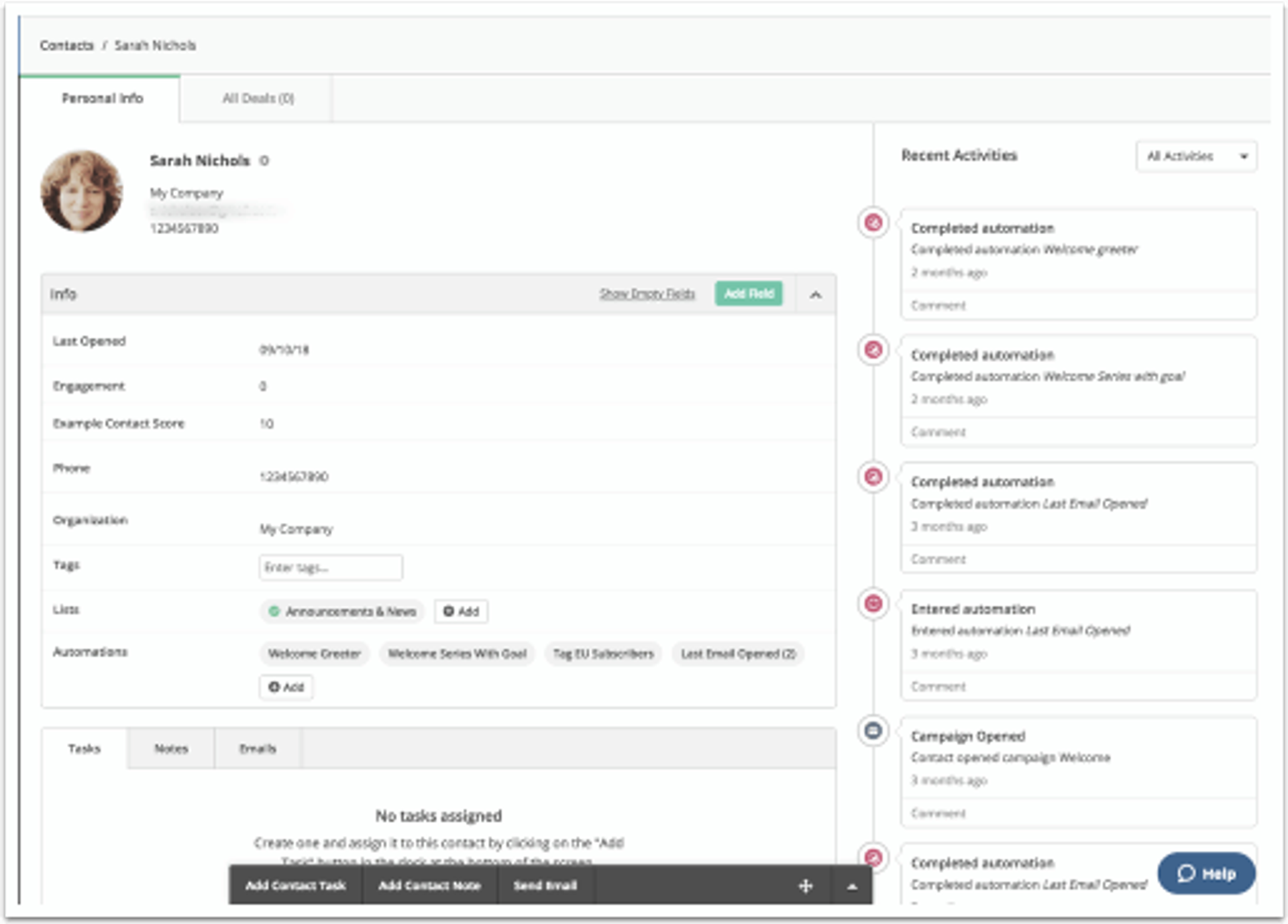 Screenshot of a contact profile in ActiveCampaign's sales CRM