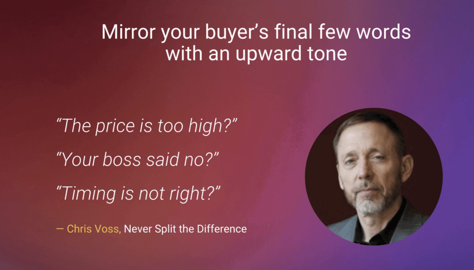 A slide with an image of Chris Voss and a quote about mirroring buyer language