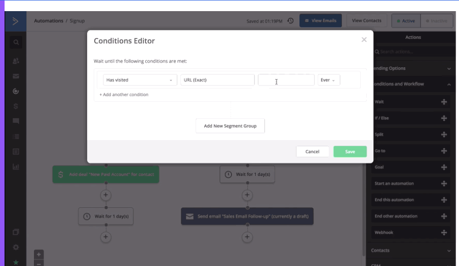 A GIF of a user adding a condition to an automation in ActiveCampaign