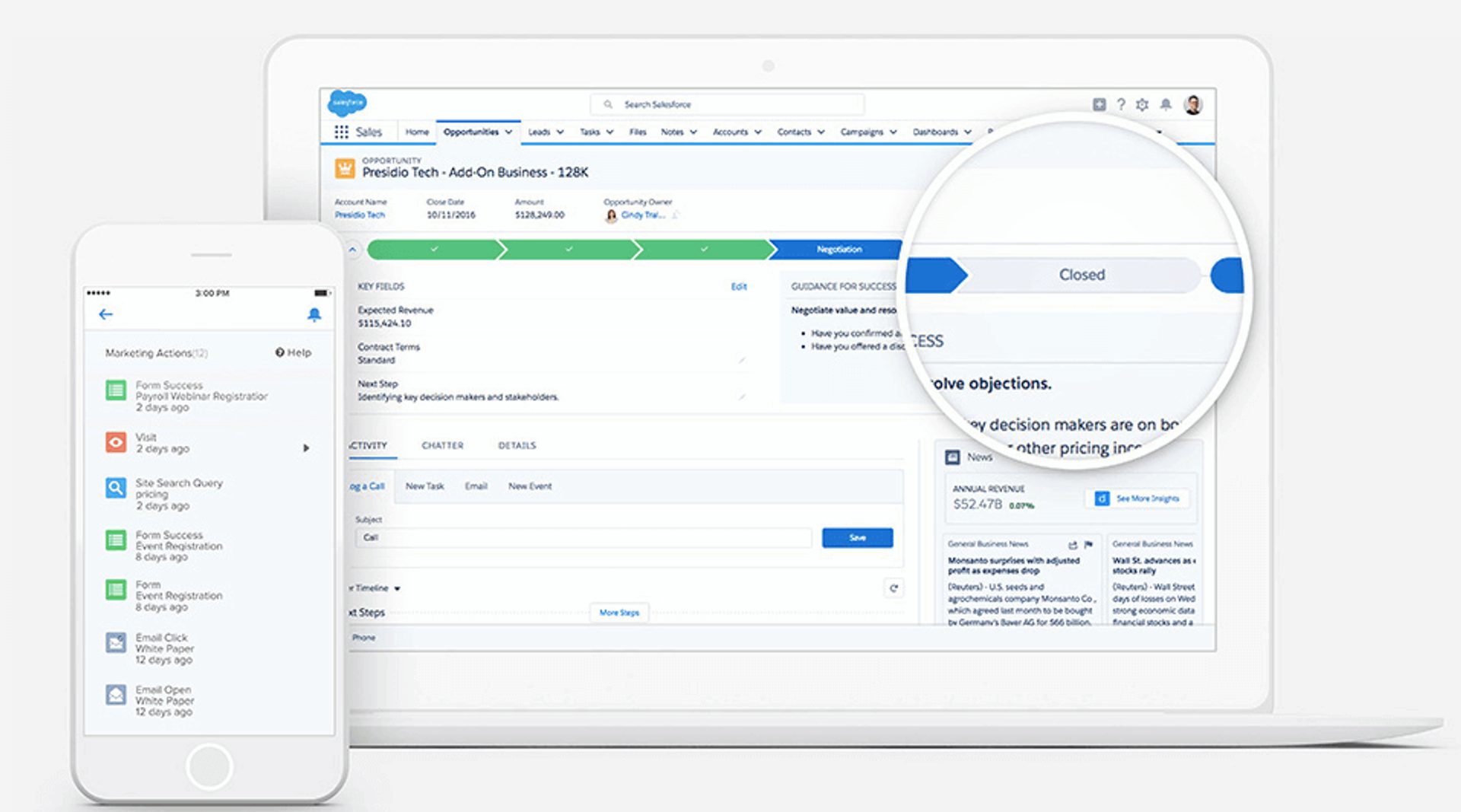 Salesforce page being displayed on a laptop screen and smartphone