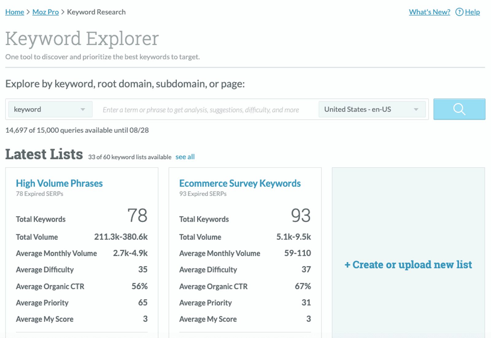 Screenshot of keyword tool in Moz Pro with lists