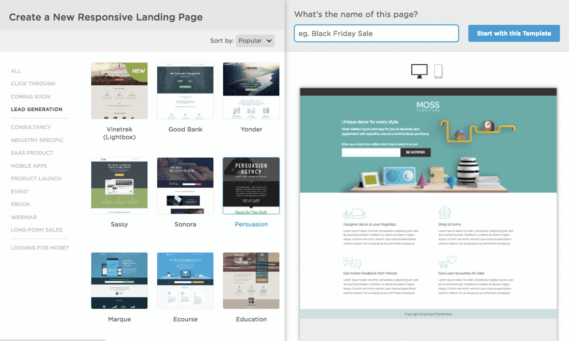 A screenshot of Unbounce's template library with sample landing pages