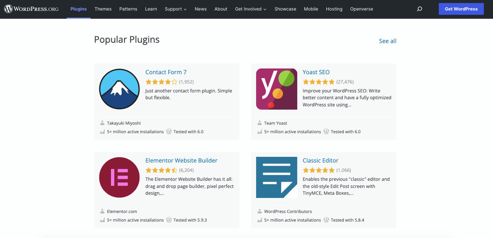 Wordpress page displaying popular plugins