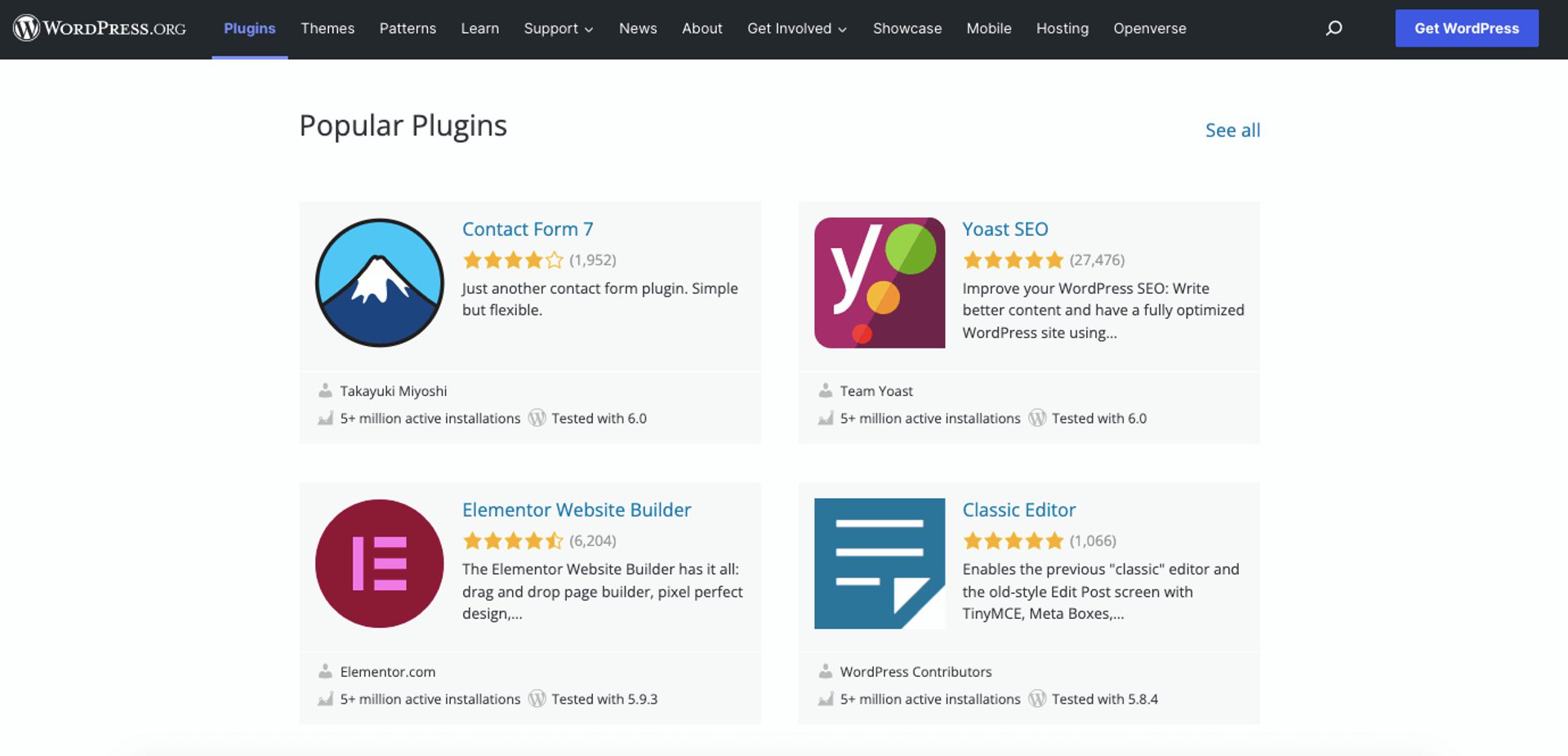 Wordpress page displaying popular plugins