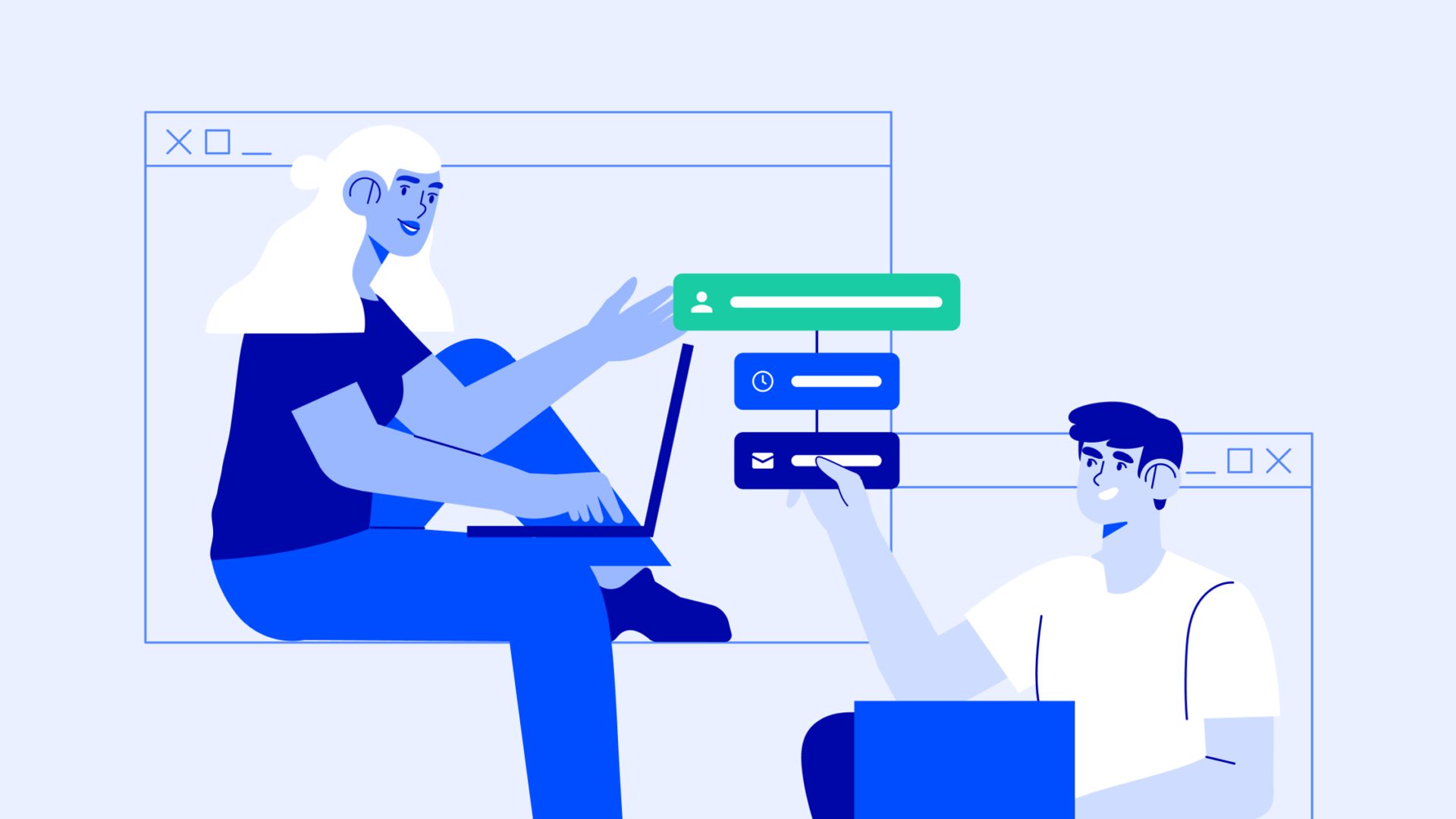 representação gráfica de homem e mulher movendo automações para reenviar email