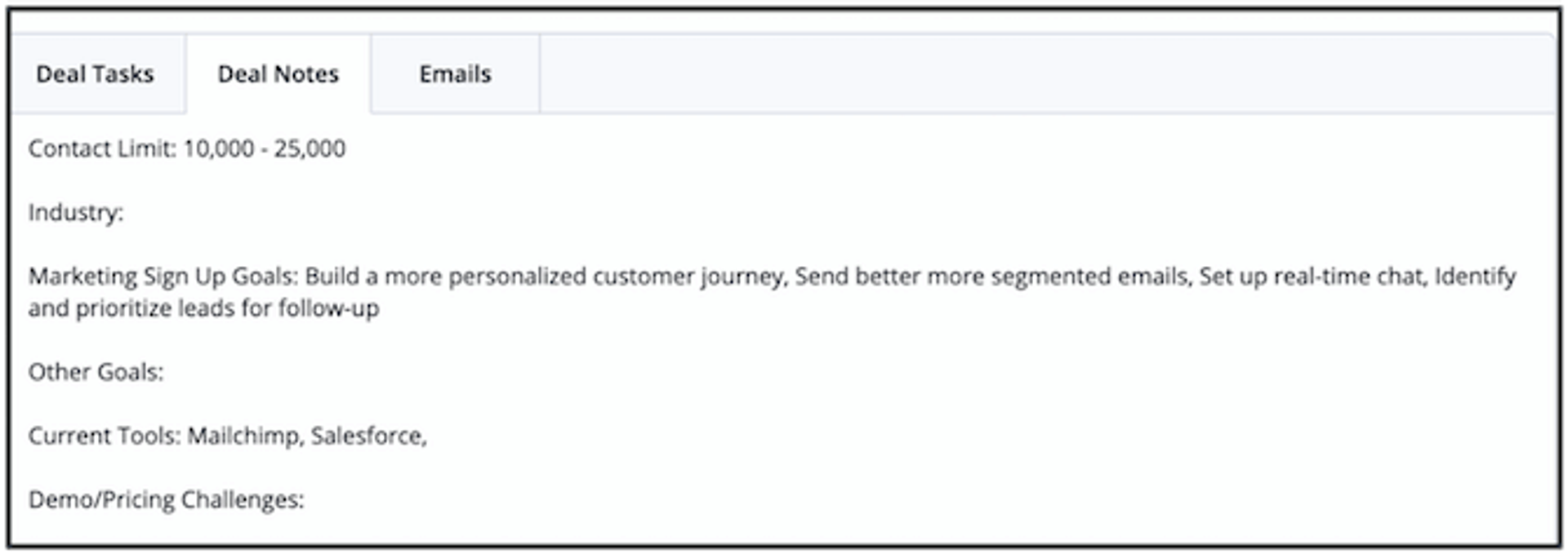 Un ejemplo de notas en el administrador de relaciones con el cliente (CRM) de ActiveCampaign para favorecer la organización del representante de desarrollo de ventas (SDR)