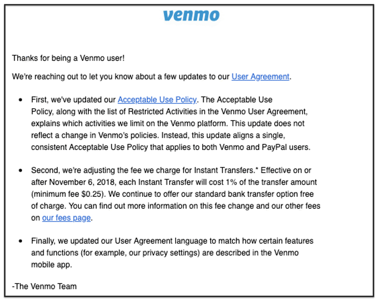 Venmo service update broadcast email