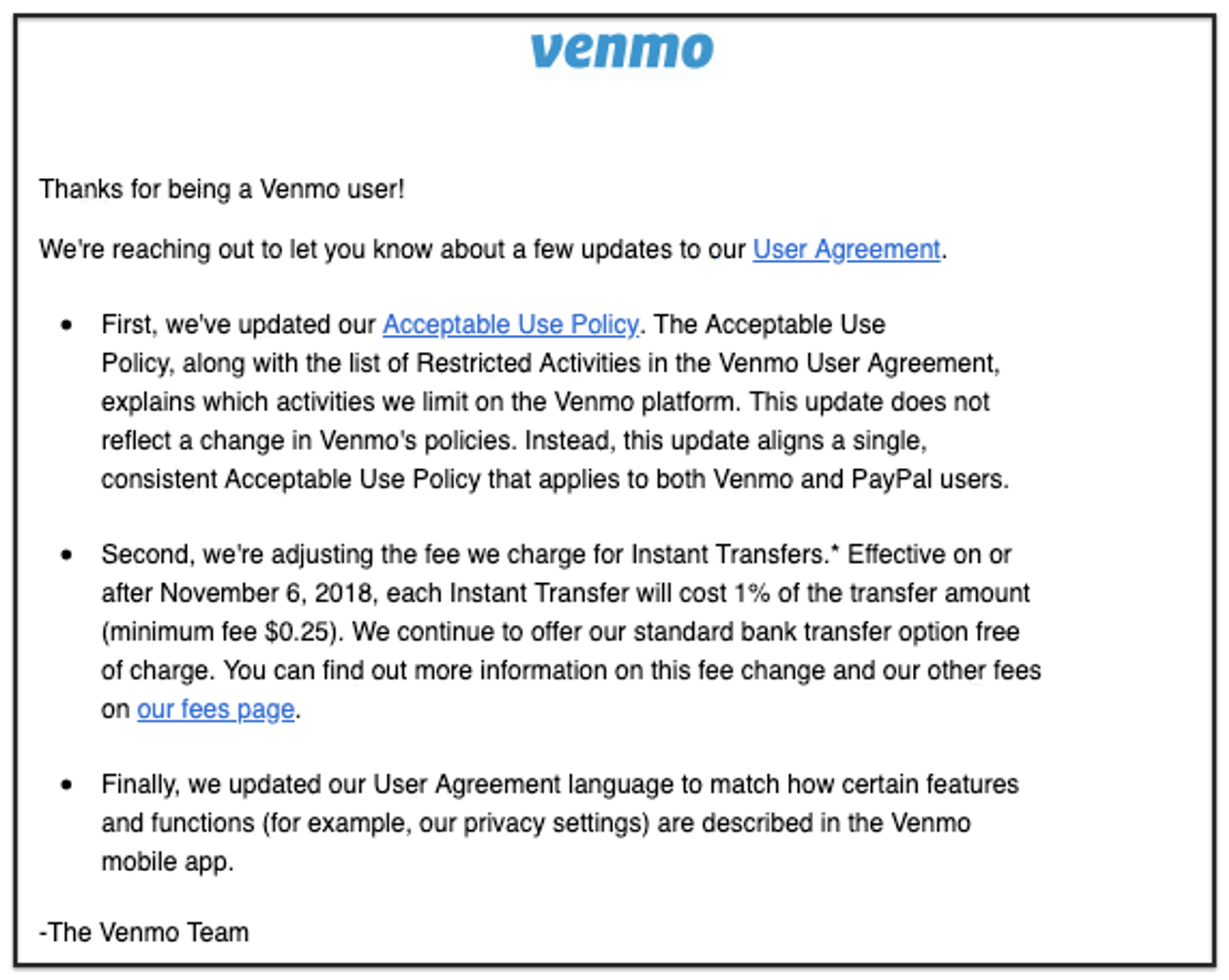 Venmo service update broadcast email