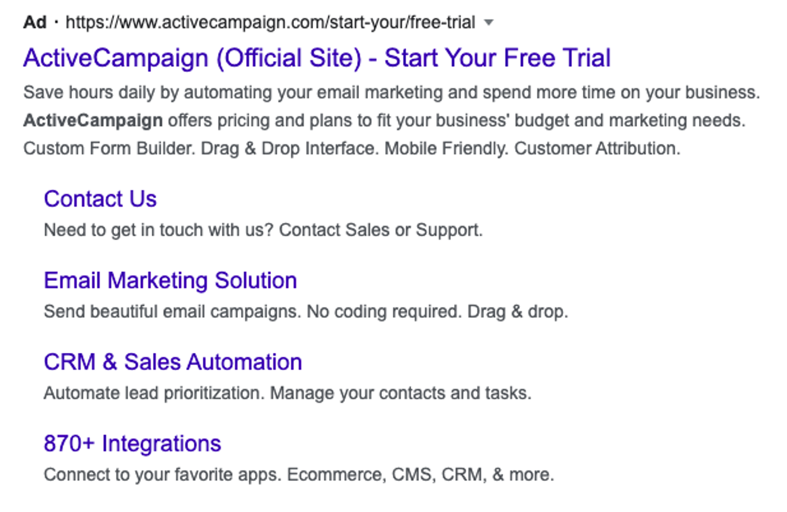 Screenshot der bezahlten Google-Anzeige von ActiveCampaign