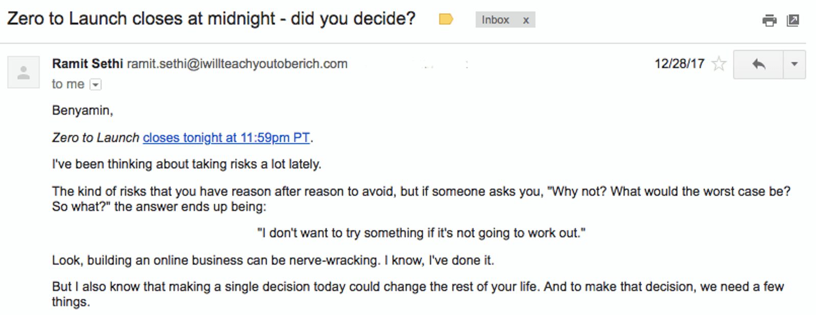 Zero to Launch email