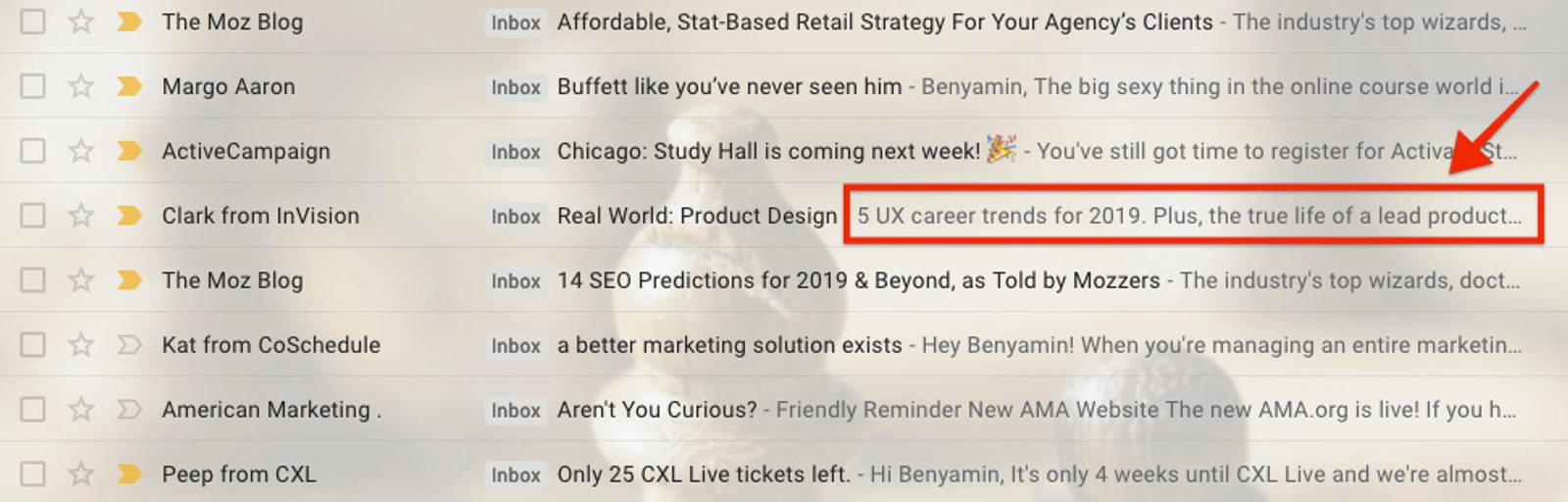 Ejemplo de preencabezado de correo electrónico en Gmail