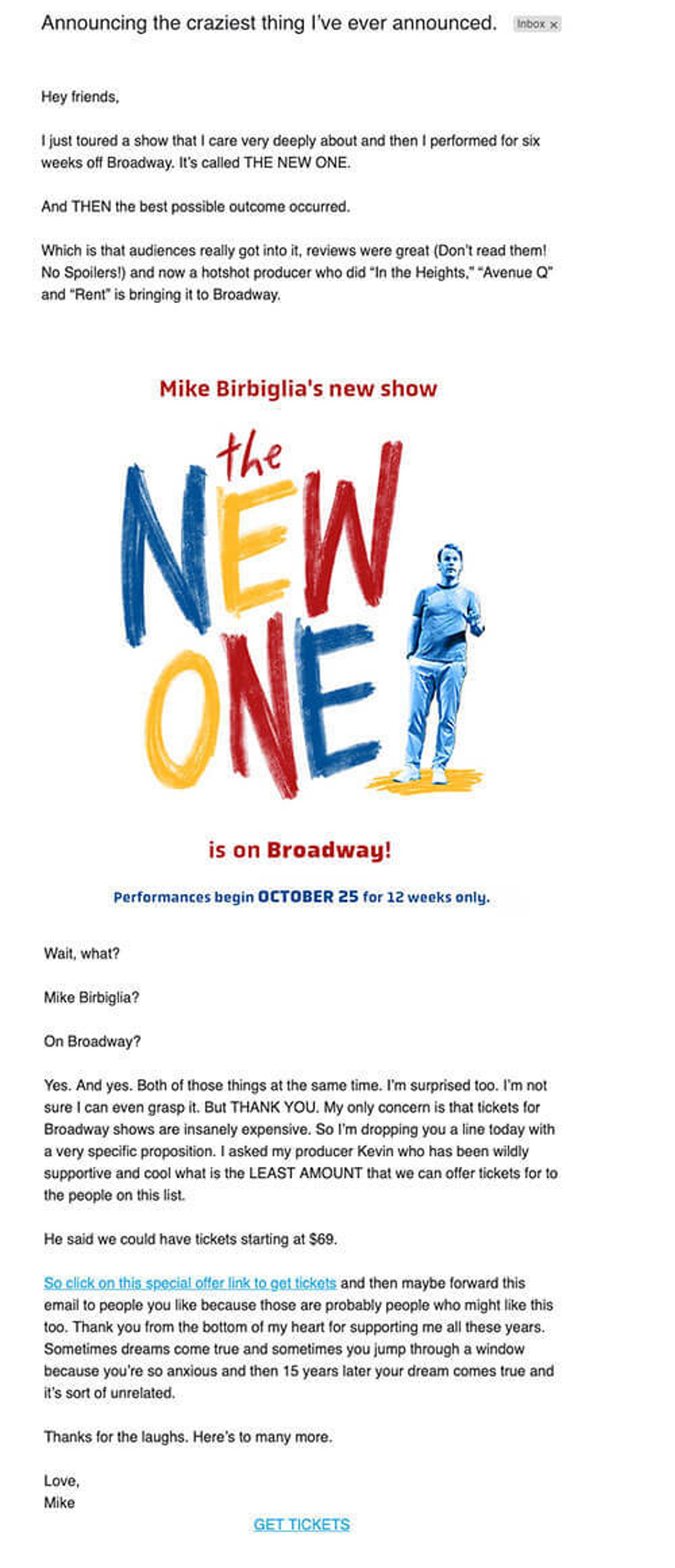 Die E-Mail zur Produkteinführung von Birbiglia zeigt, wie man seine Leser mit einer E-Mail belohnen kann