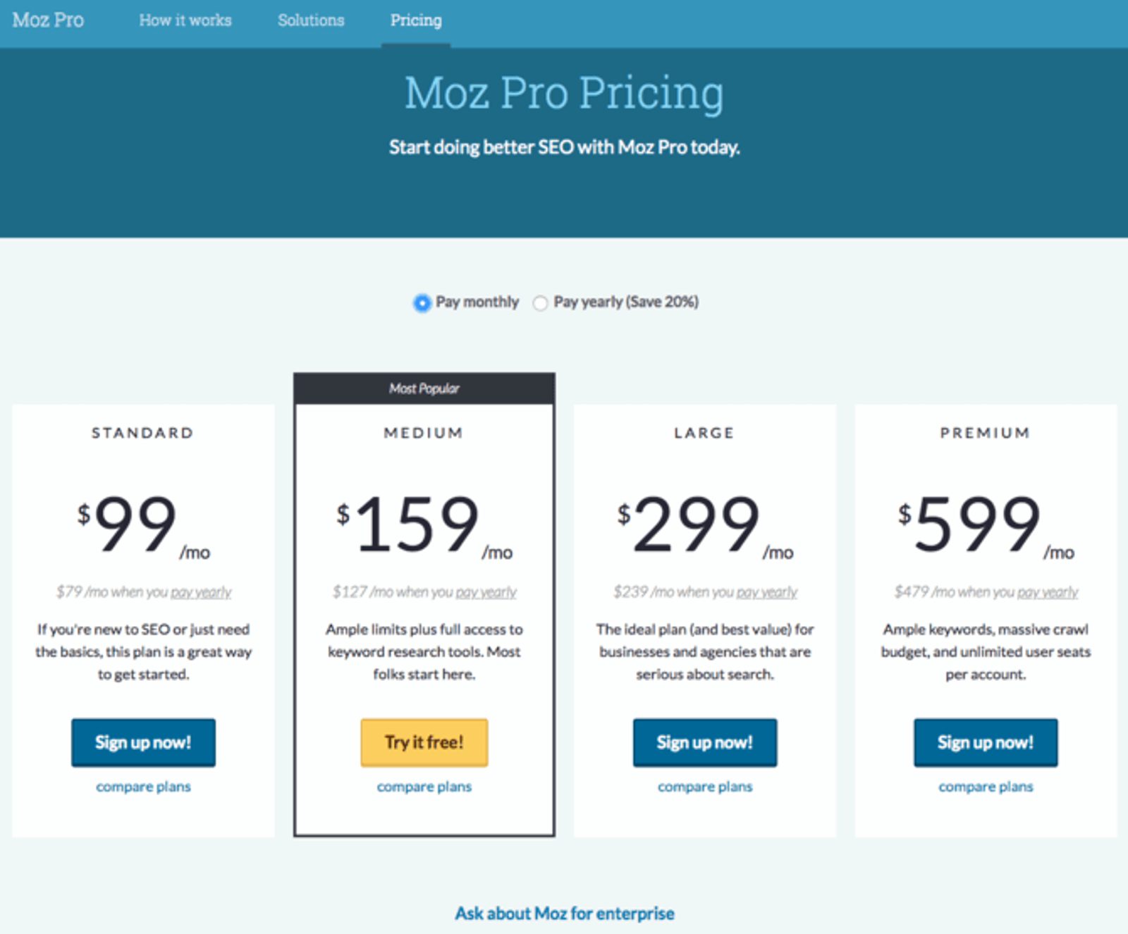 Moz pricing page