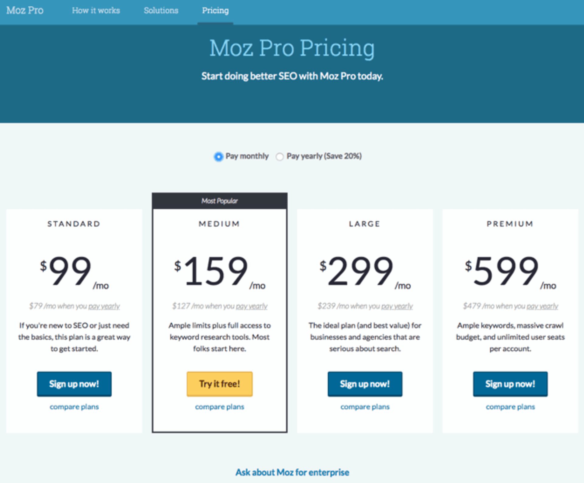Moz pricing page