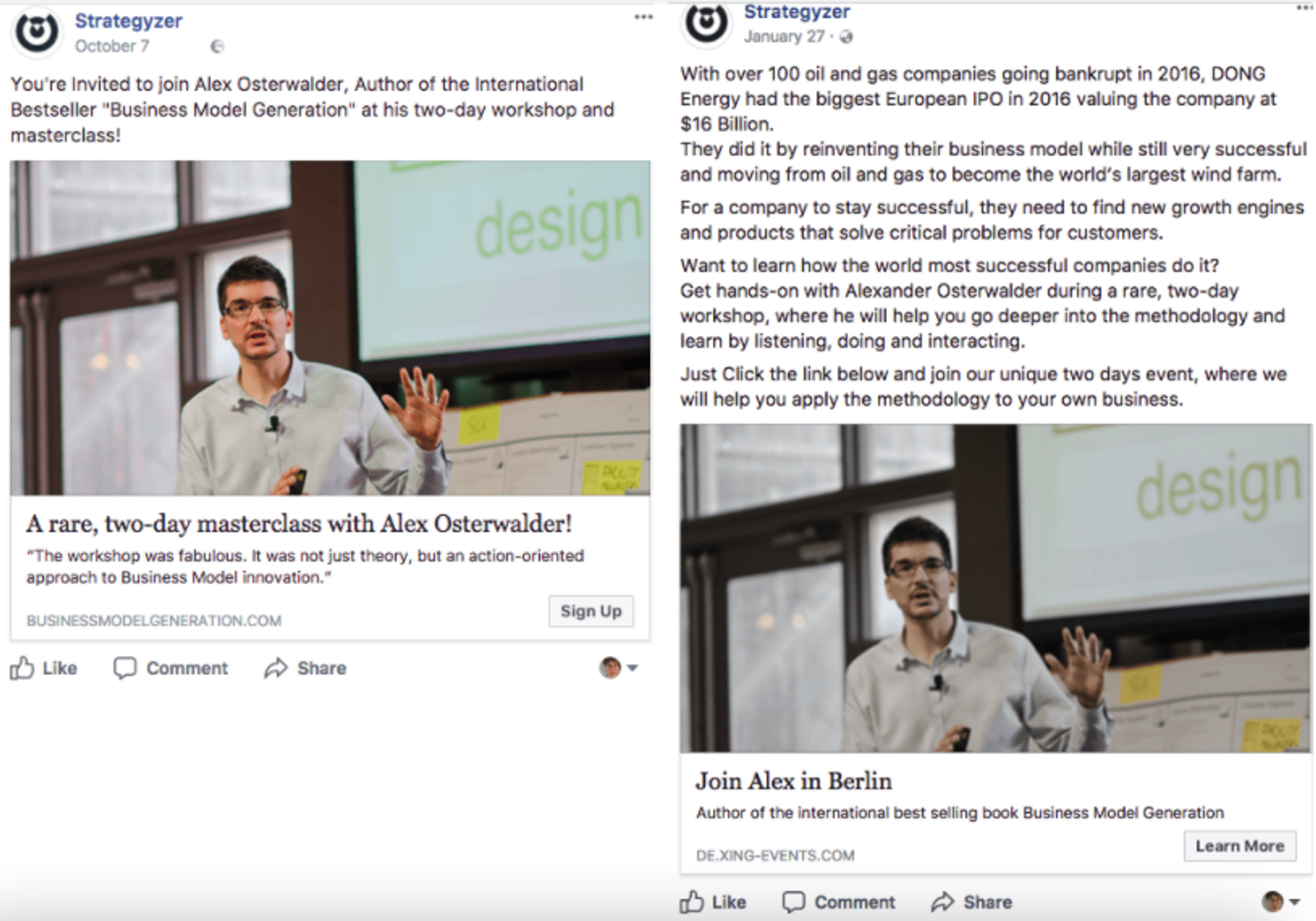 Screenshot der A/B-Tests von Strategzer für Facebook-Anzeigen