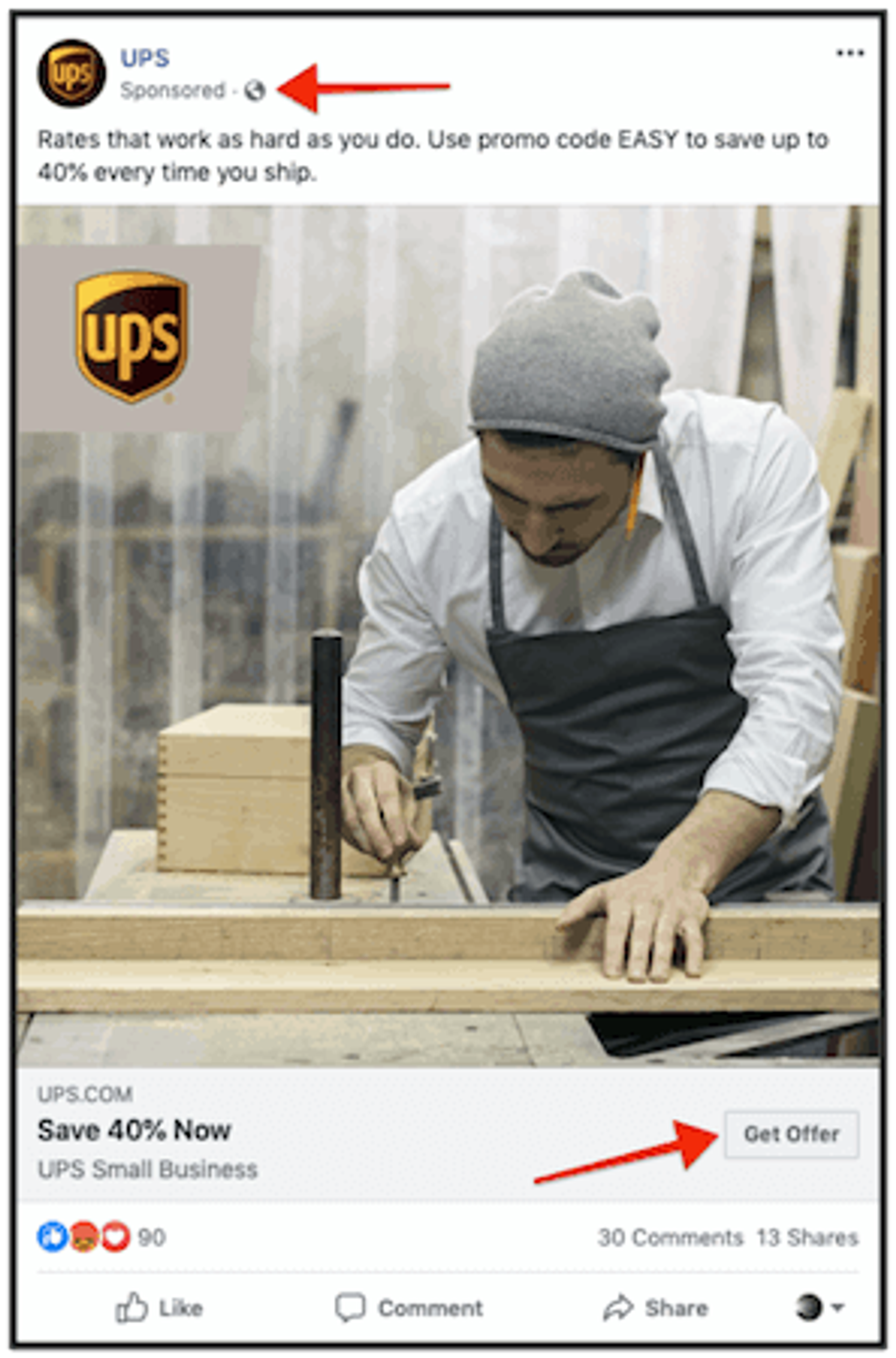 UPS sponsored Facebook content example