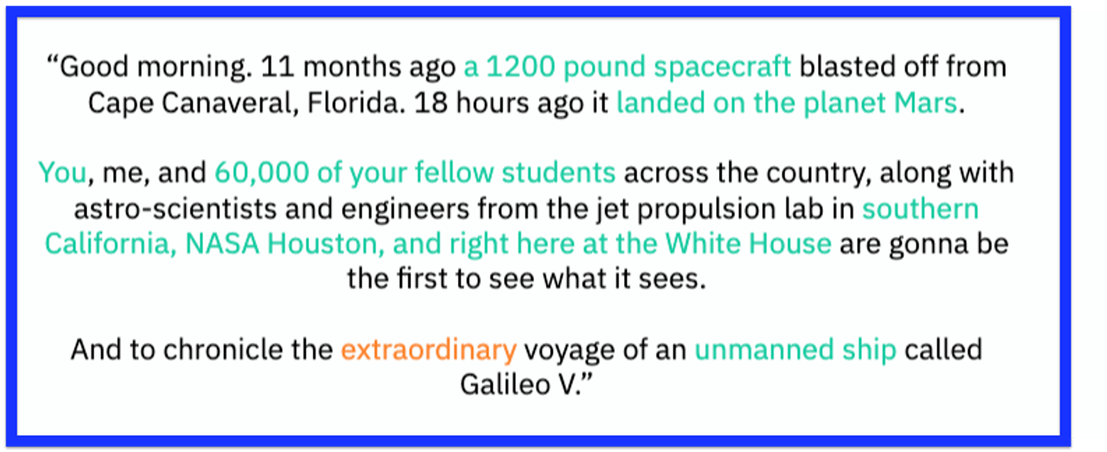 Good morning. 11 months ago a 1,200 pound spacecraft blasted off from Cape Canaveral, Florida. 18 hours ago it landed on the planet Mars. You, me, and 65,000 of your fellow students across the country, along with astro-scientists and engineers from the jet propulsion lab in southern California, NASA Houston, and right here at the White House are gonna be the first to see what it sees. And to chronicle the extraordinary voyage of an unmanned ship called Galileo V.