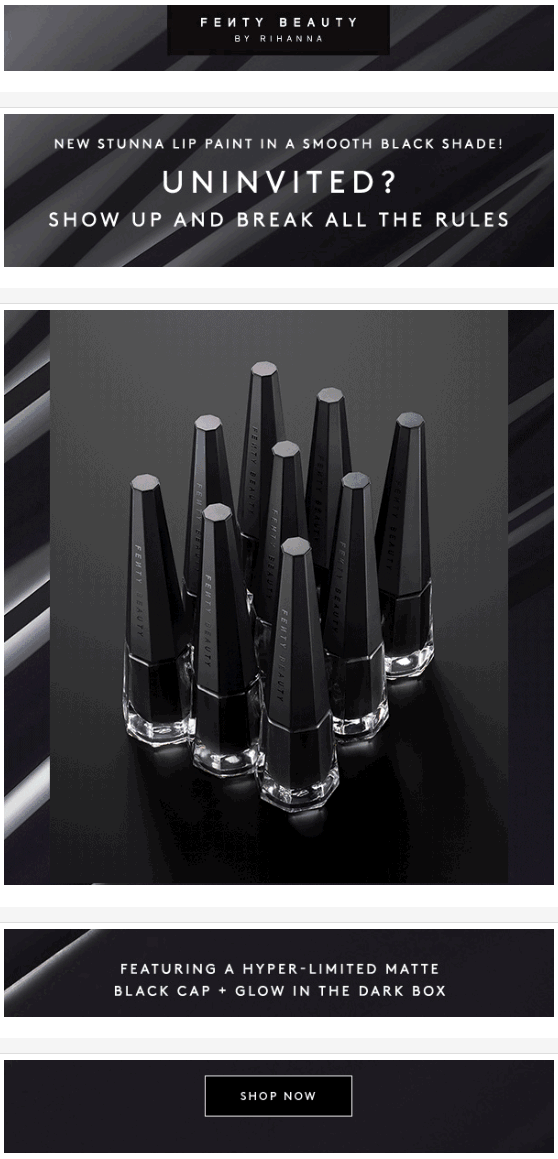 Produkteinführungs-E-Mail von Fenty Beauty mit Rihanna-Animationen und Produkt-GIFs