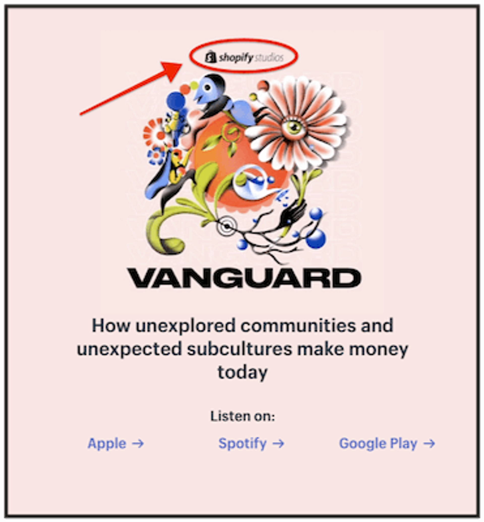 Podcast sponsored content example Vanguard podcast sponsored by Shopify studios