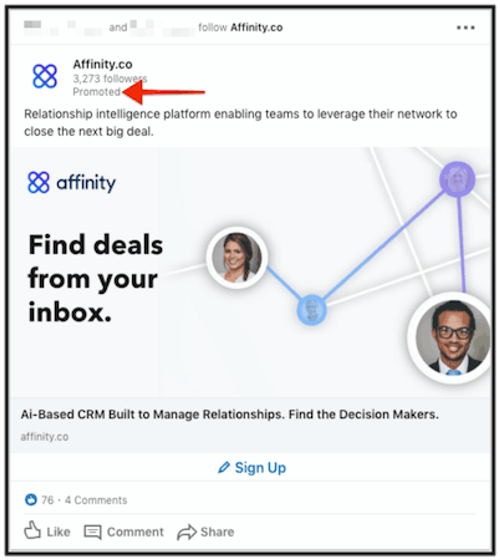Affinity.co and LinkedIn promoted content example
