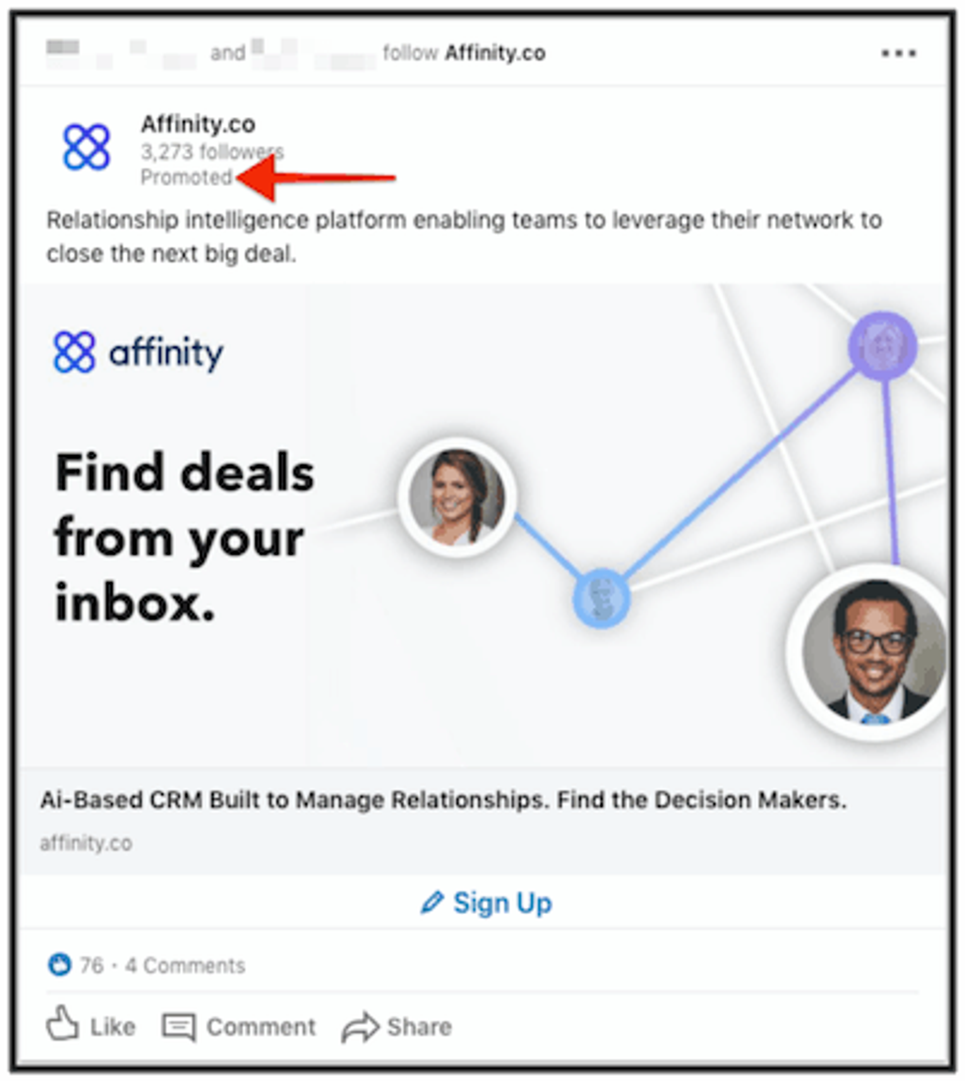 Affinity.co and LinkedIn promoted content example