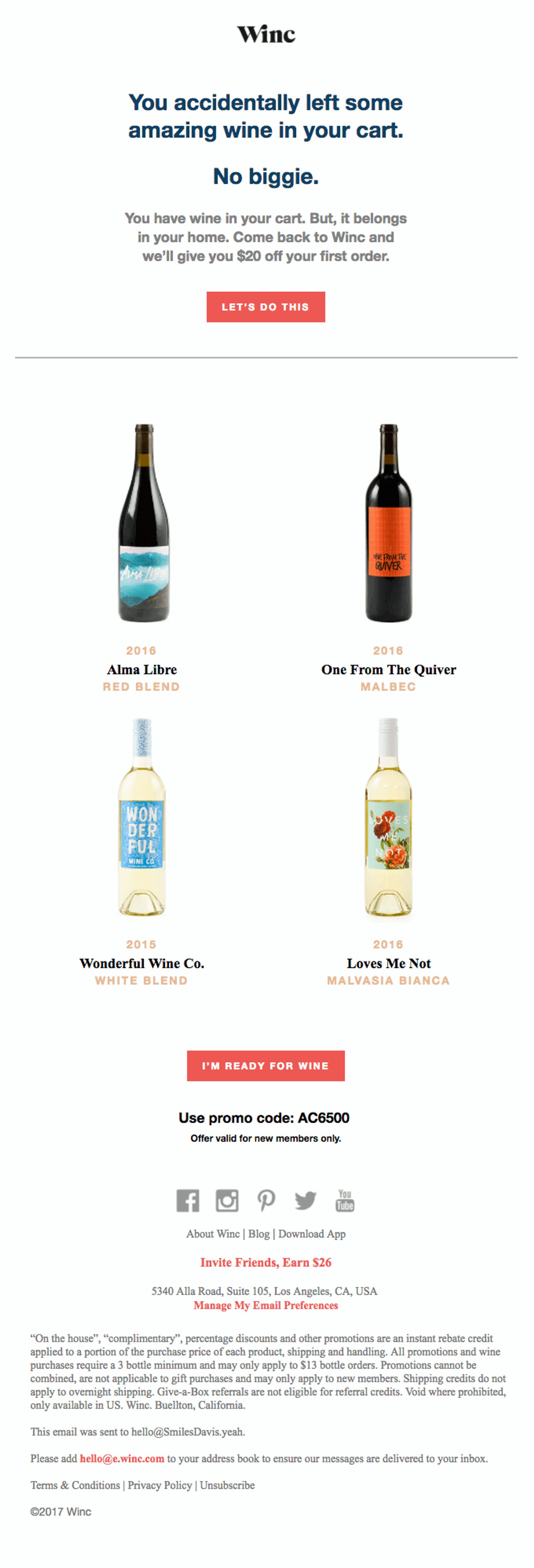 Winc abandoned cart email